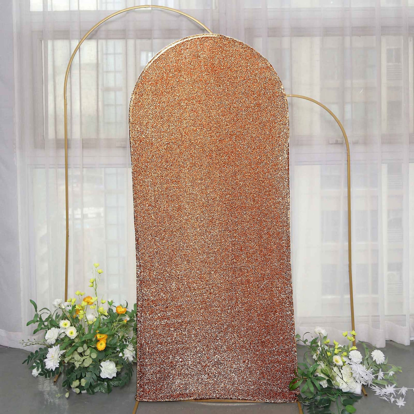 6ft Antique Gold Shimmer Tinsel Spandex Wedding Arch Cover For Fitted Round Top Chiara Backdrop Stand