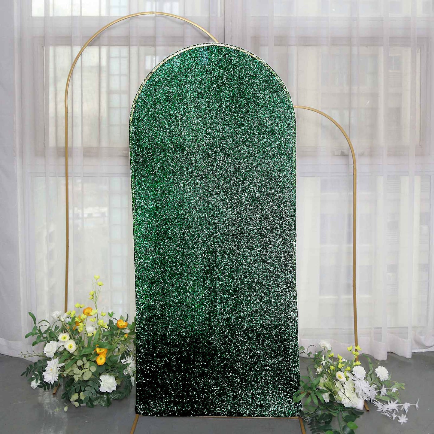 6ft Hunter Emerald Green Shimmer Tinsel Spandex Wedding Arch Cover For Fitted Round Top Chiara Backdrop Stand
