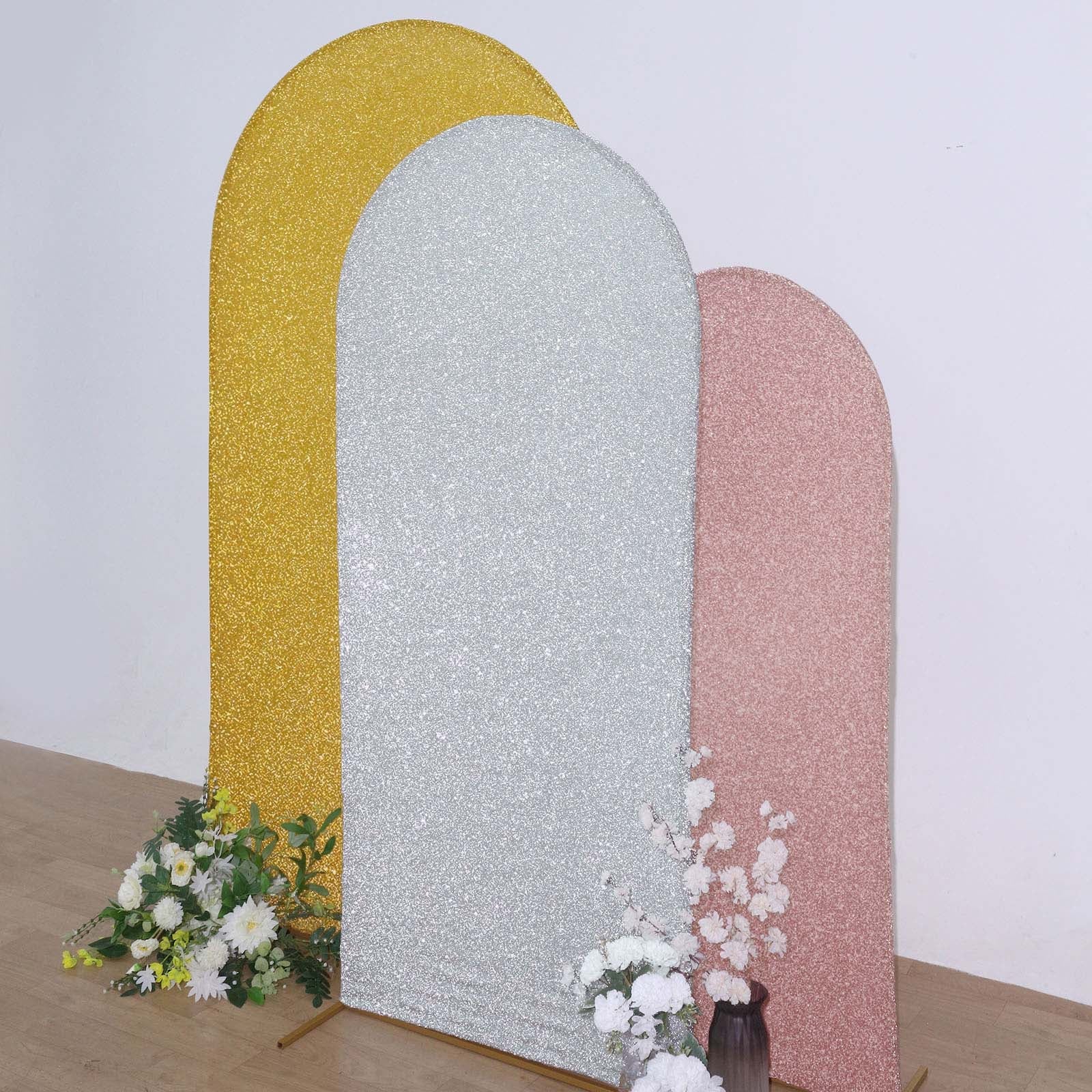 Silver 6 Ft Tinsel Spandex Arch For Fitted Round Chiara Stand