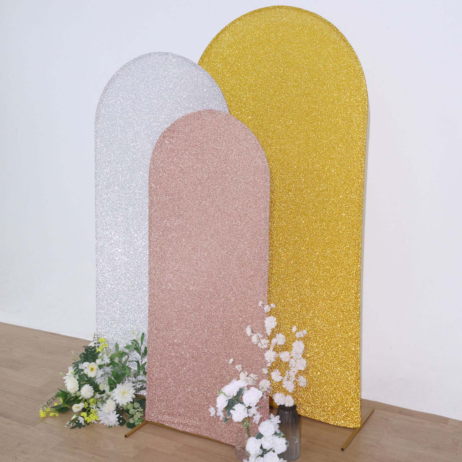 Shimmer Tinsel Spandex Arch Cover in Blush Rose Gold for Round Top Chiara Backdrop Stand 5 Feet