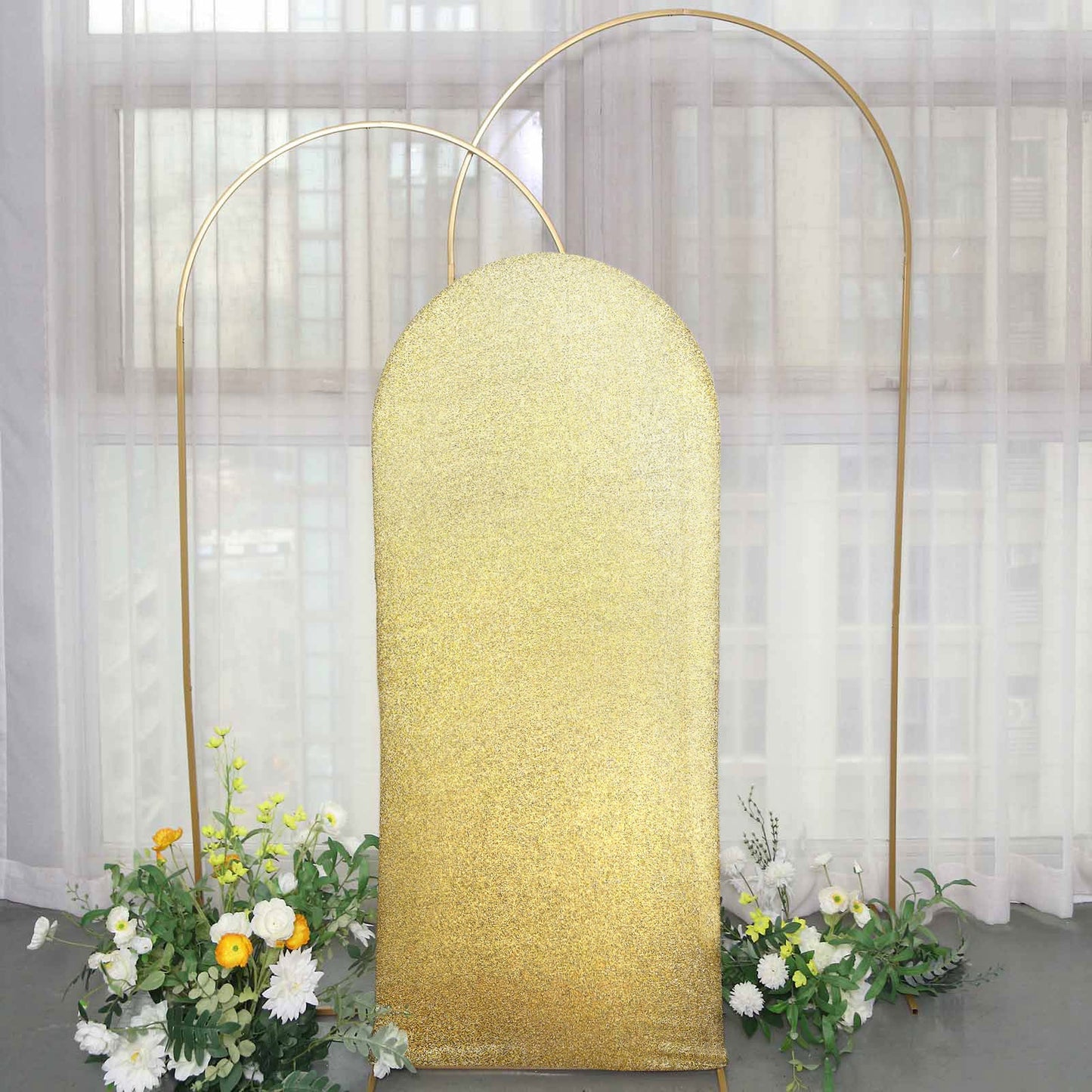 5ft Champagne Shimmer Tinsel Spandex Wedding Arch Cover For Fitted Round Top Chiara Backdrop Stand