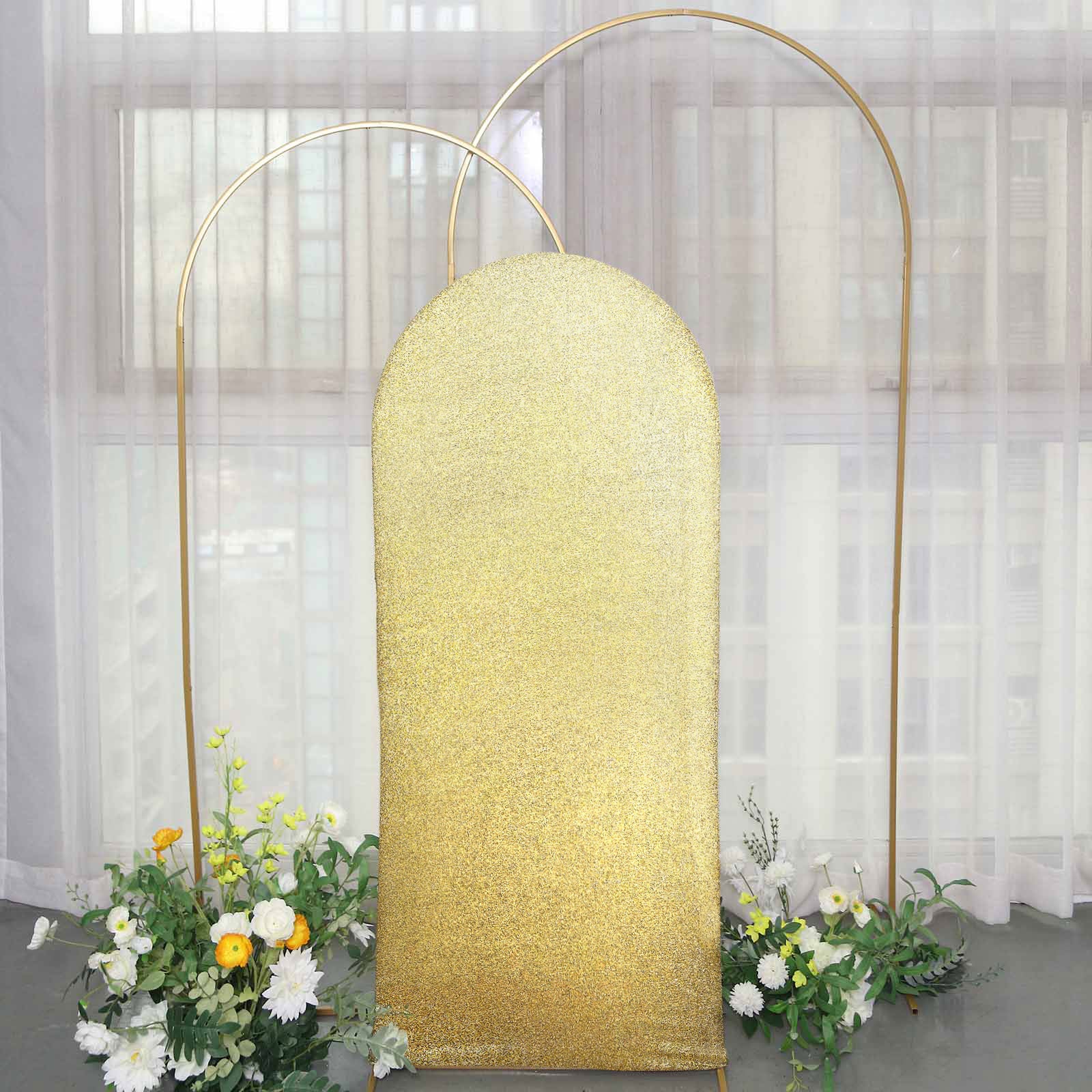 5ft Champagne Shimmer Tinsel Spandex Wedding Arch Cover For Fitted Round Top Chiara Backdrop Stand