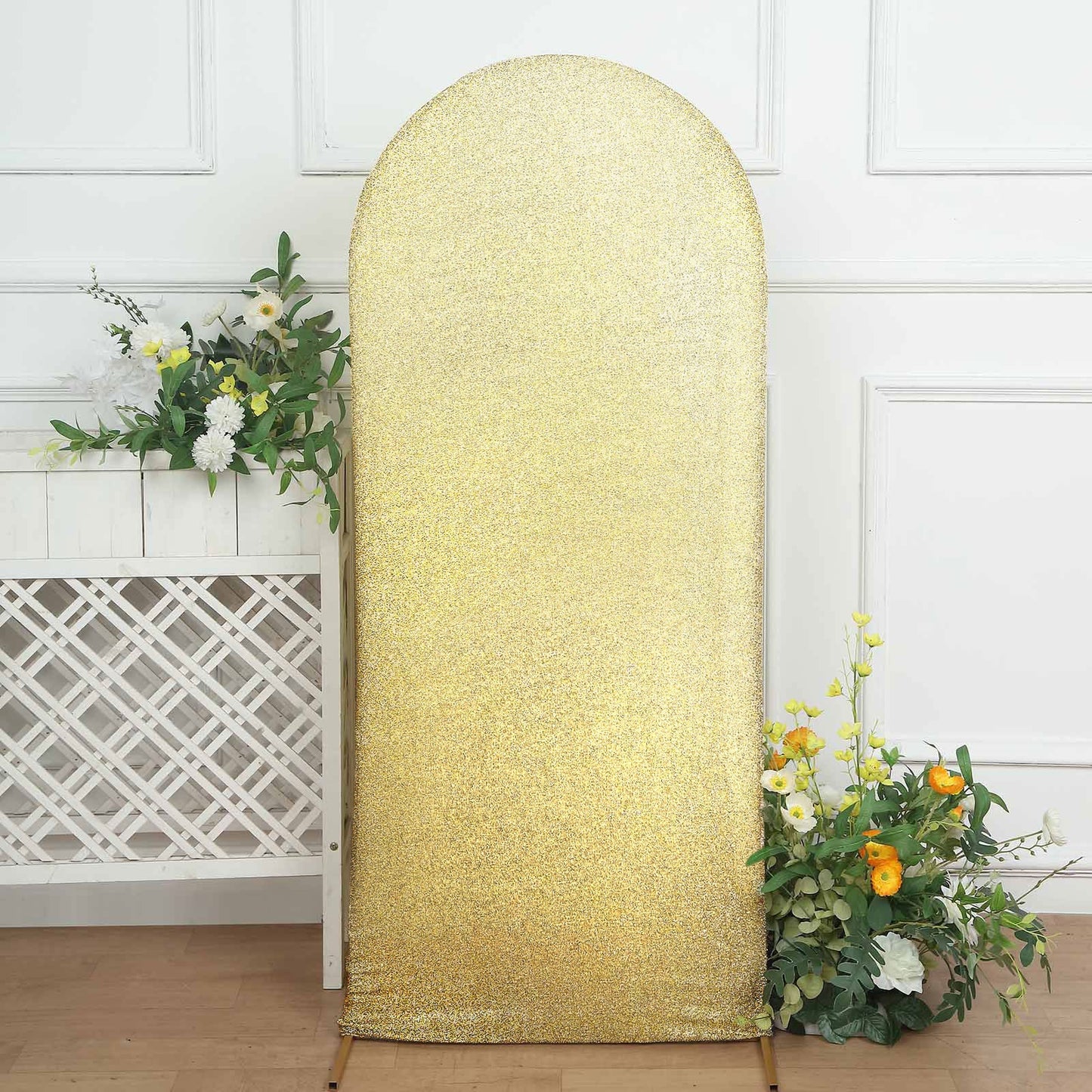 5ft Champagne Shimmer Tinsel Spandex Wedding Arch Cover For Fitted Round Top Chiara Backdrop Stand