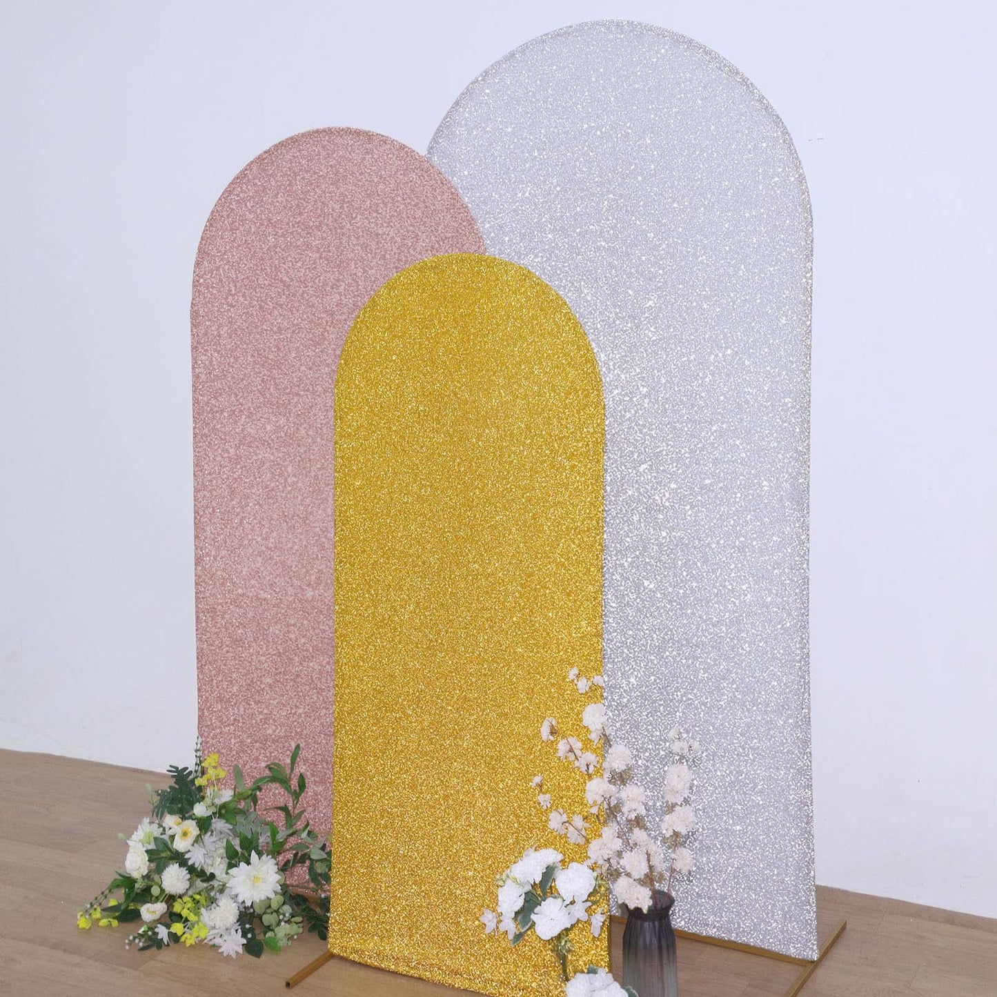 5ft Gold Shimmer Tinsel Spandex Wedding Arch Cover For Fitted Round Top Chiara Backdrop Stand