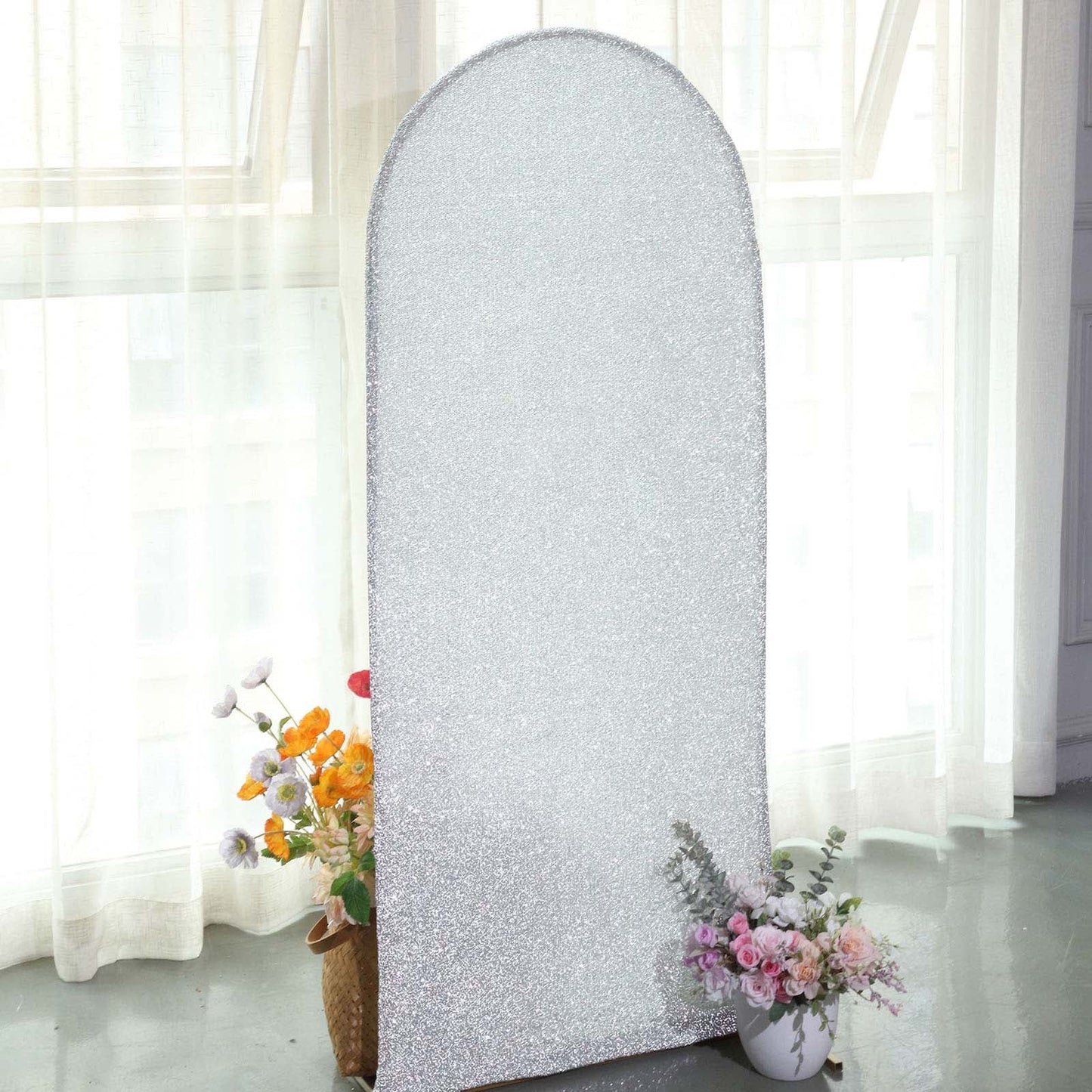 Round Top Chiara Backdrop Stand with Silver Shimmer Tinsel Spandex Arch Cover 5 Feet