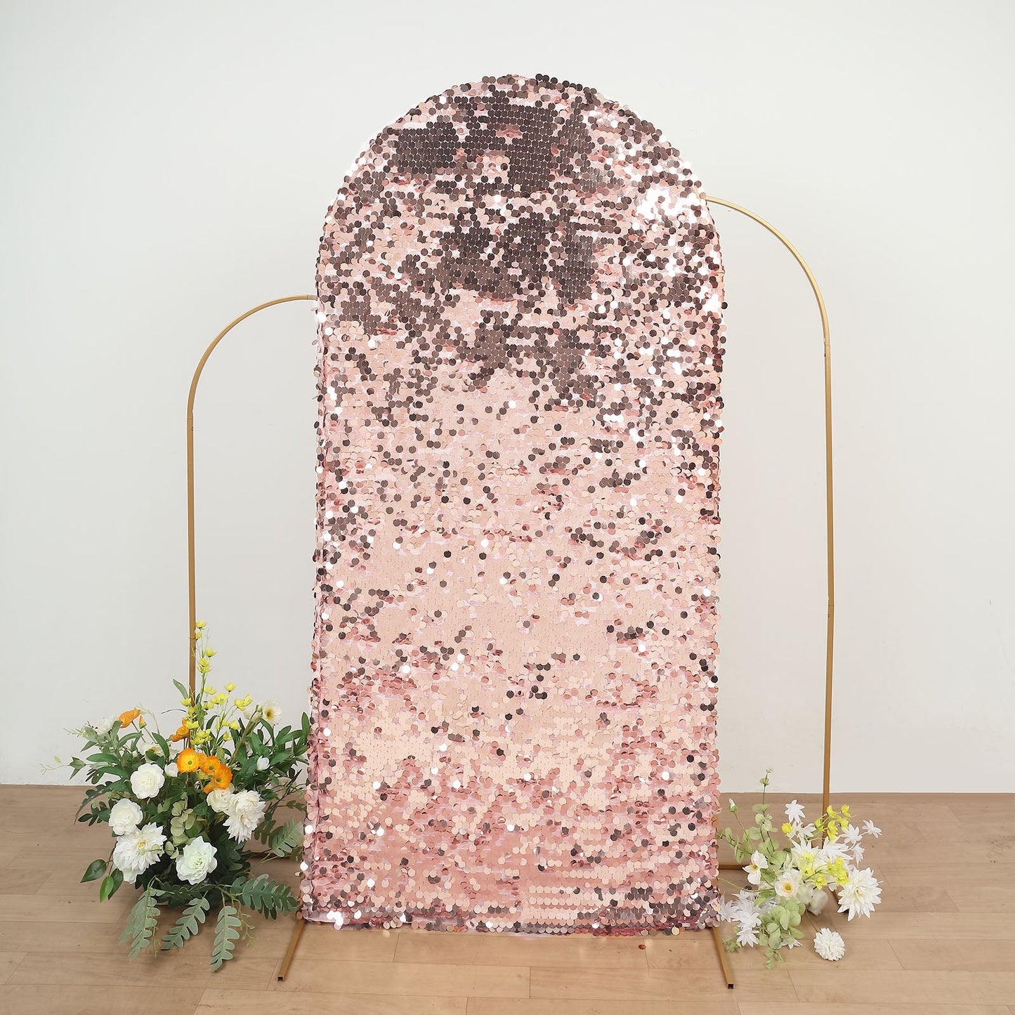 7ft Sparkly Rose Gold Double Sided Big Payette Sequin Fitted Wedding Arch Cover For Round Top Chiara Backdrop Stand