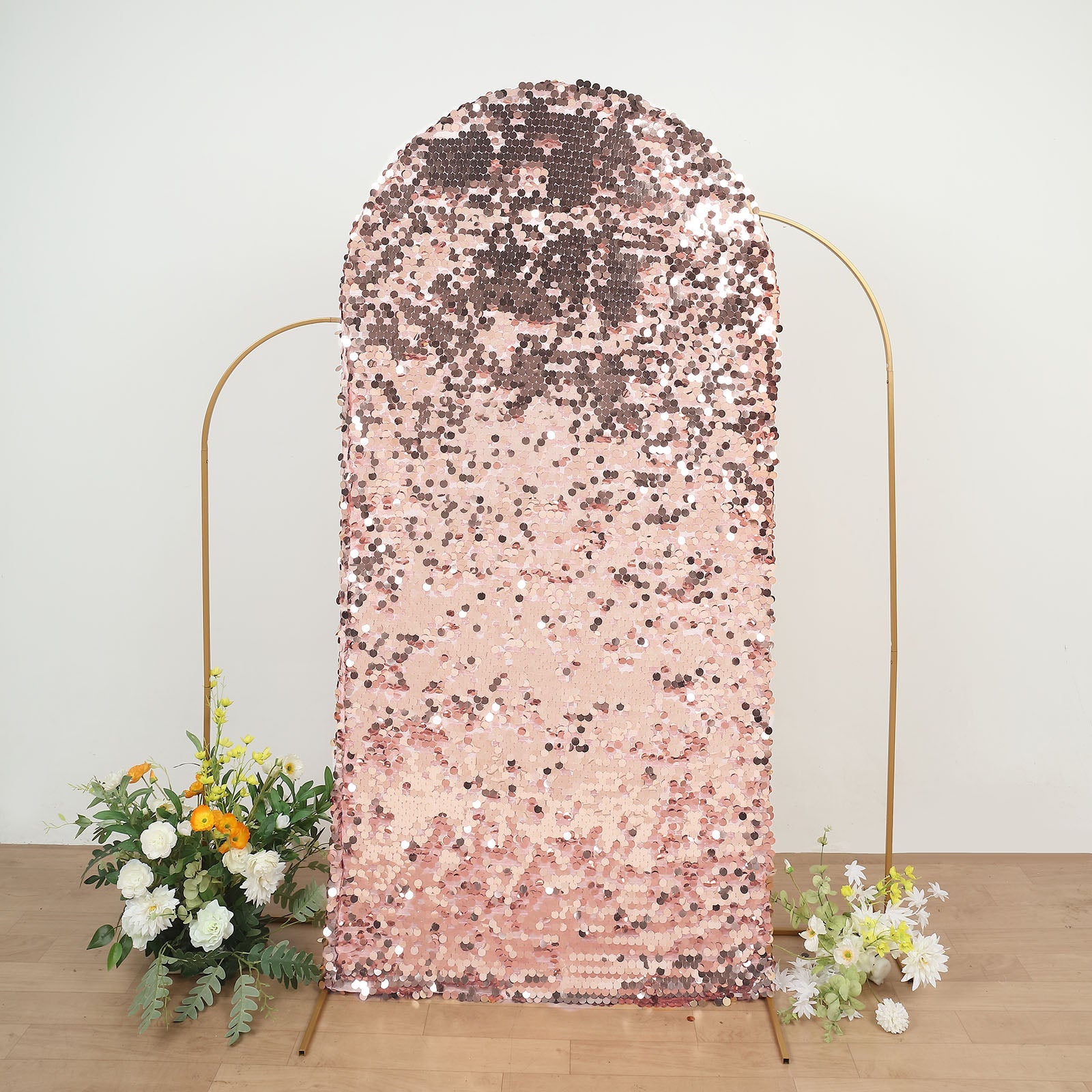 7ft Sparkly Rose Gold Double Sided Big Payette Sequin Fitted Wedding Arch Cover For Round Top Chiara Backdrop Stand