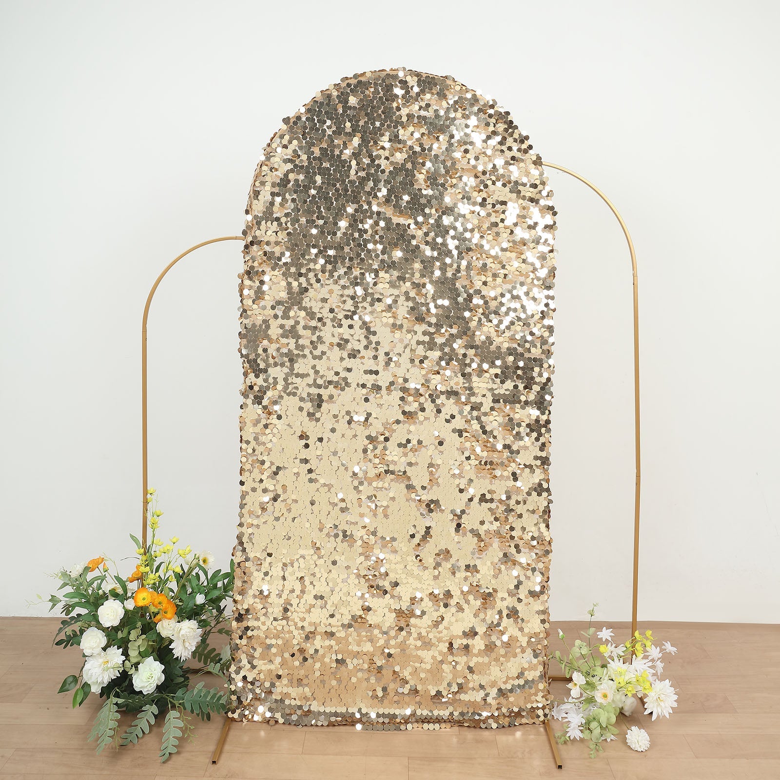 7ft Sparkly Champagne Double Sided Big Payette Sequin Fitted Wedding Arch Cover For Round Top Chiara Backdrop Stand