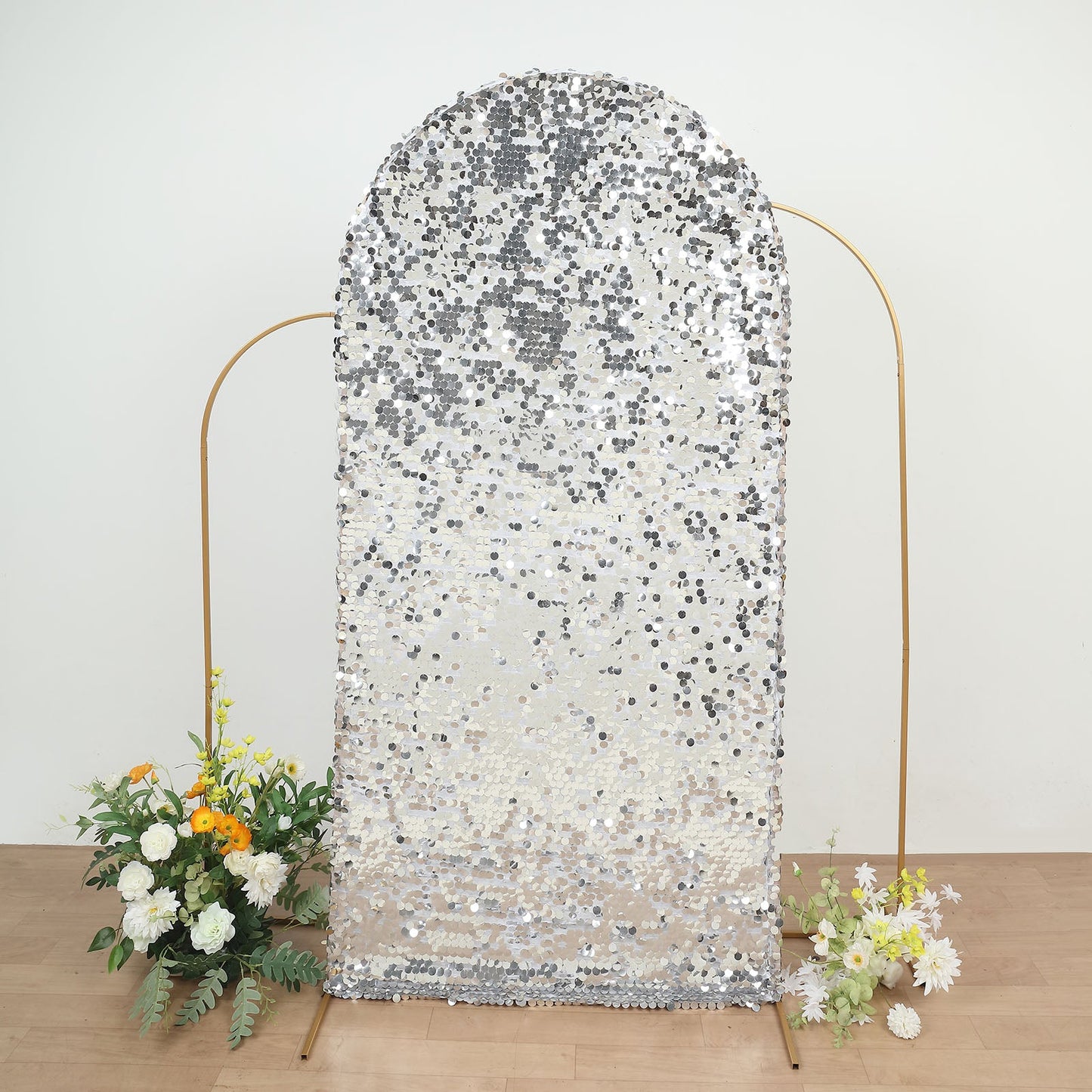 7ft Sparkly Silver Double Sided Big Payette Sequin Fitted Wedding Arch Cover For Round Top Chiara Backdrop Stand