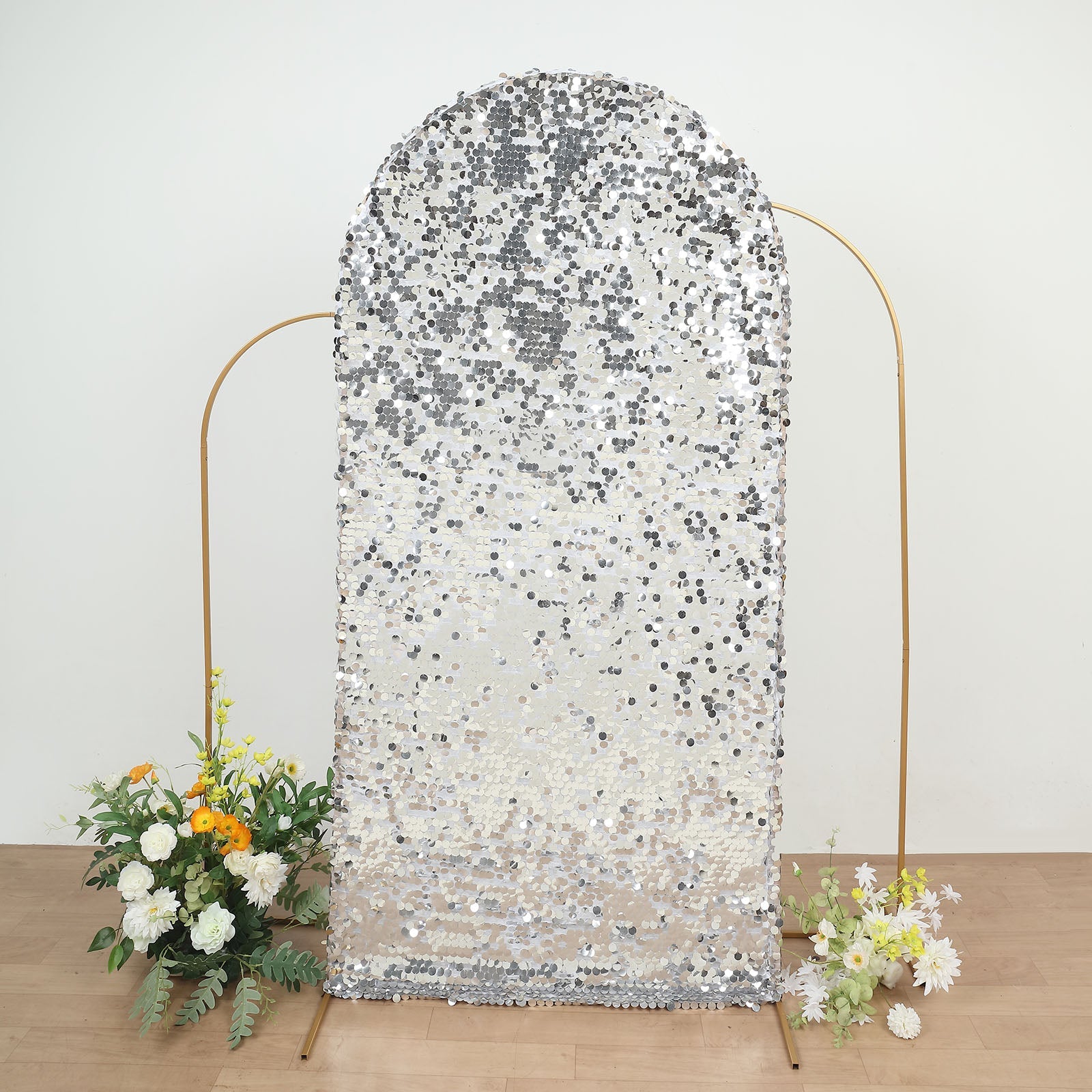 7ft Sparkly Silver Double Sided Big Payette Sequin Fitted Wedding Arch Cover For Round Top Chiara Backdrop Stand