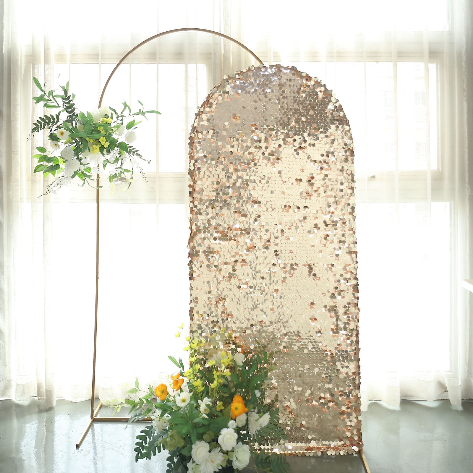 6ft Sparkly Champagne Double Sided Big Payette Sequin Fitted Wedding Arch Cover For Round Top Chiara Backdrop Stand