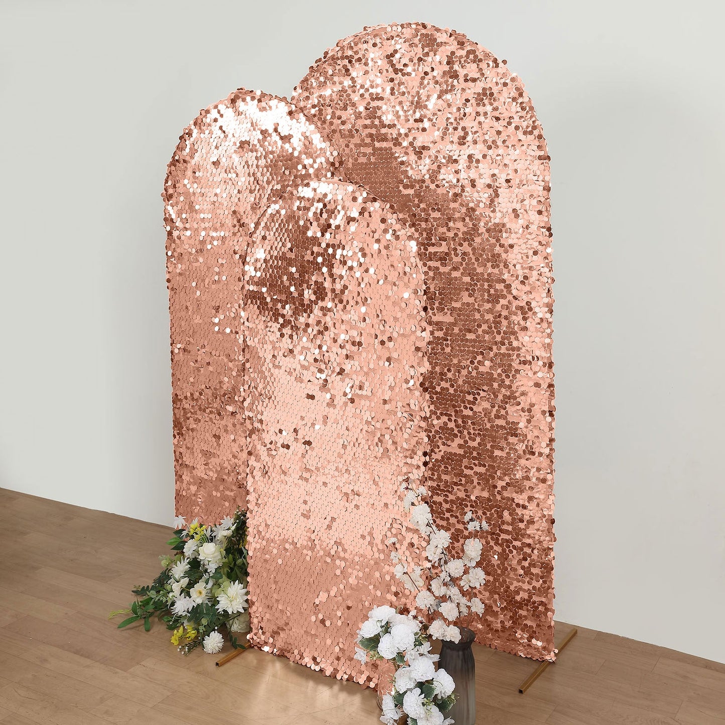 Sparkly Big Payette Sequin Fitted Arch Cover In Blush Rose Gold For Round Top Chiara Stand 5 Feet