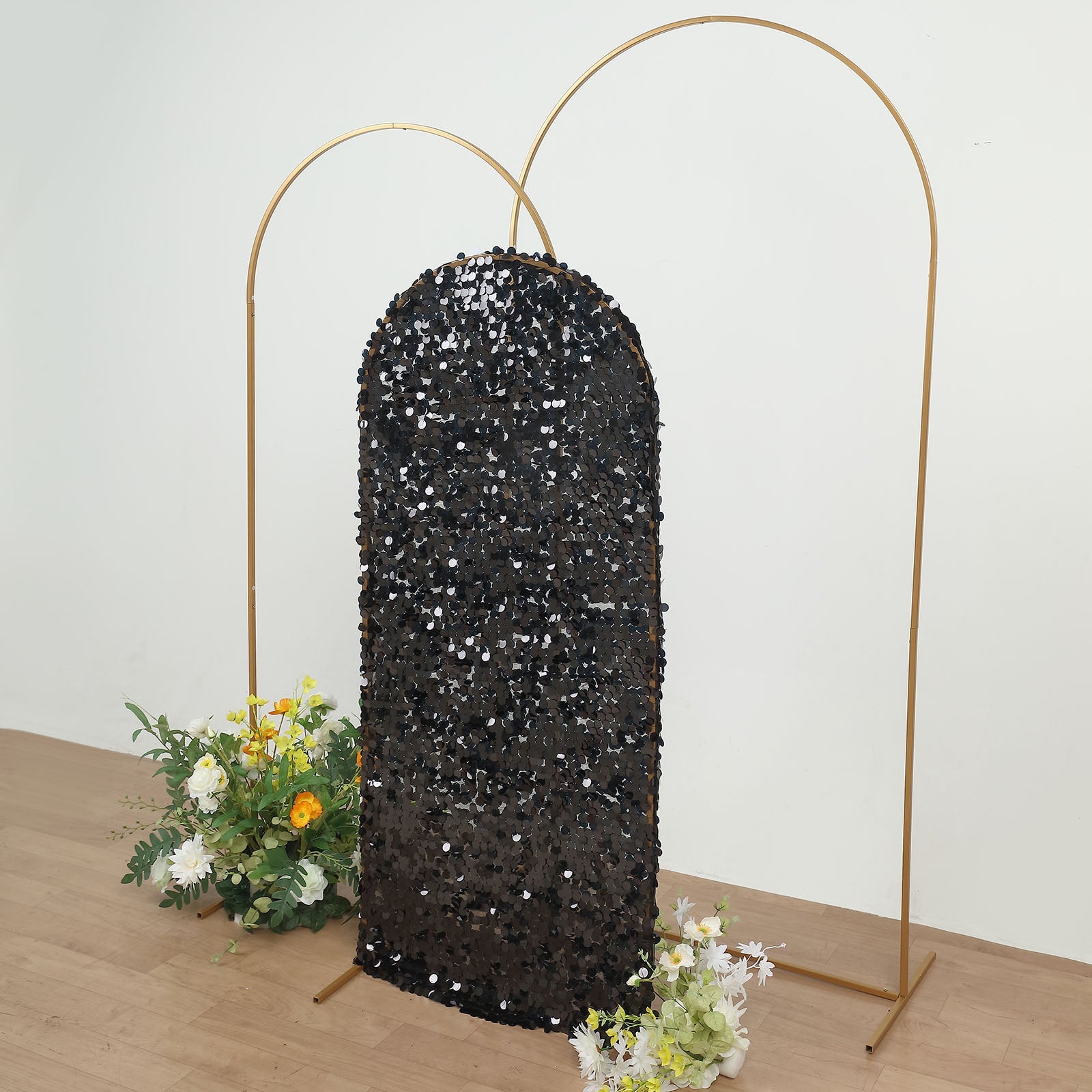 5ft Sparkly Black Double Sided Big Payette Sequin Fitted Wedding Arch Cover For Round Top Chiara Backdrop Stand