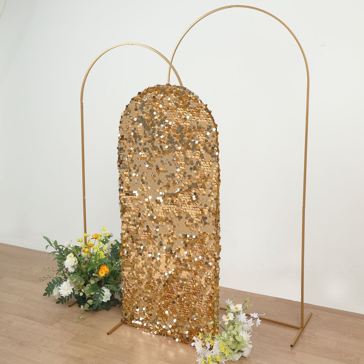 5ft Sparkly Gold Double Sided Big Payette Sequin Fitted Wedding Arch Cover For Round Top Chiara Backdrop Stand