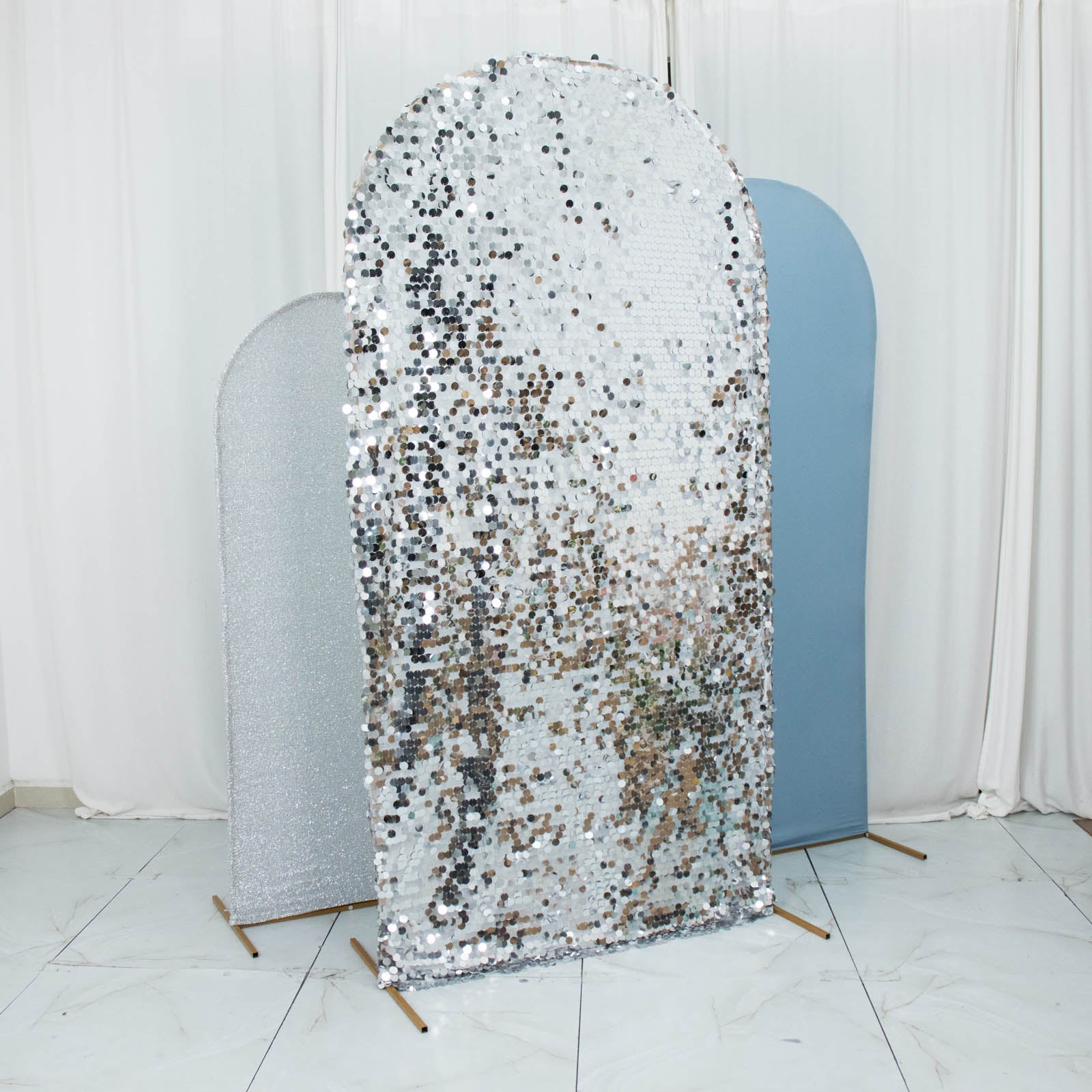 Set Of 3 Dusty Blue And Silver Sequin Arch Covers