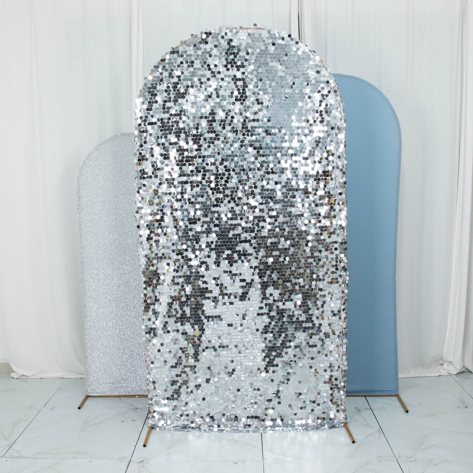 Set of 3 | Dusty Blue / Silver Round Top Fitted Backdrop Stand Covers