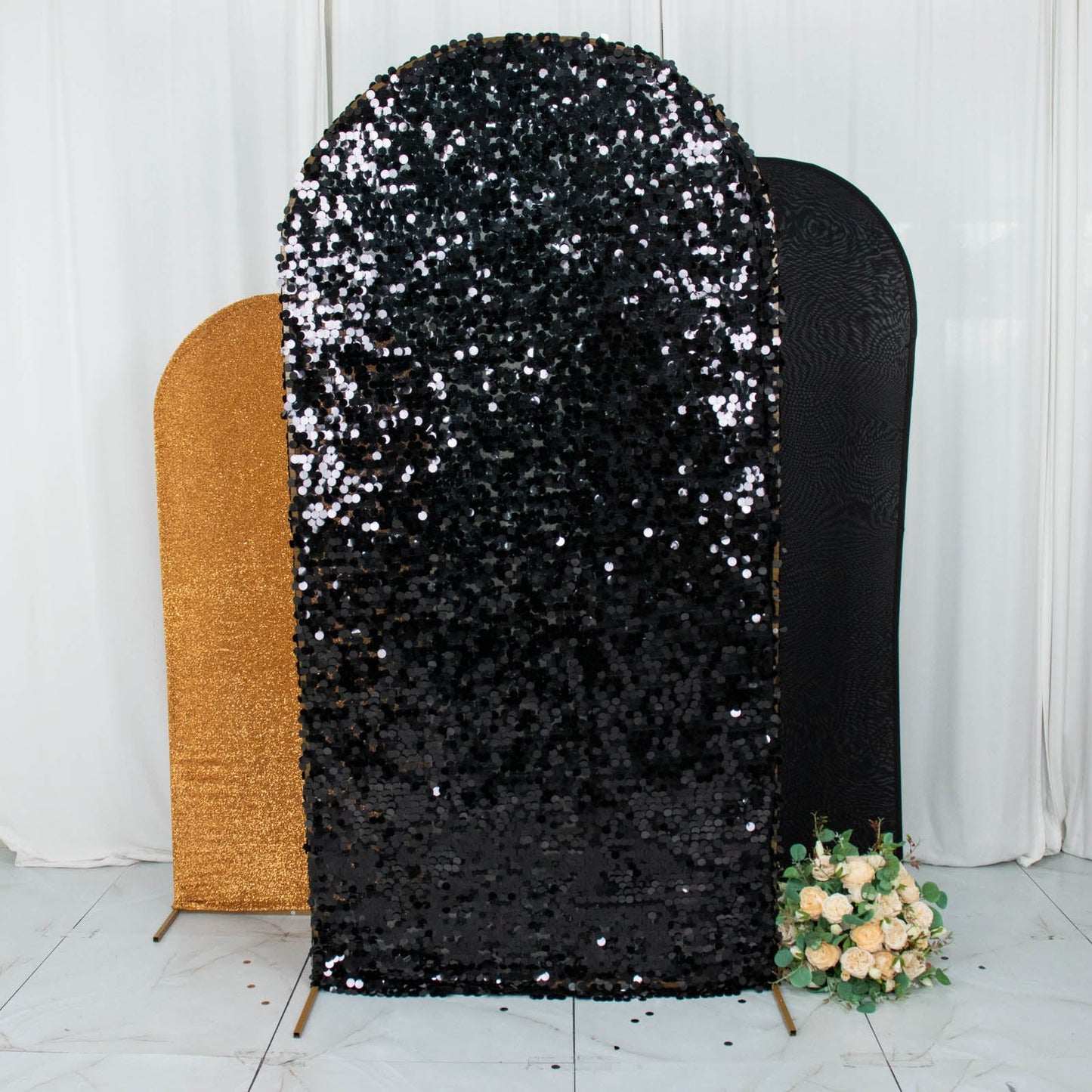 Set of 3 | Black / Gold Round Top Fitted Backdrop Stand Covers, Big Payette Sequin, Shimmer Tinsel and Matte Spandex Wedding Arch Frame Covers