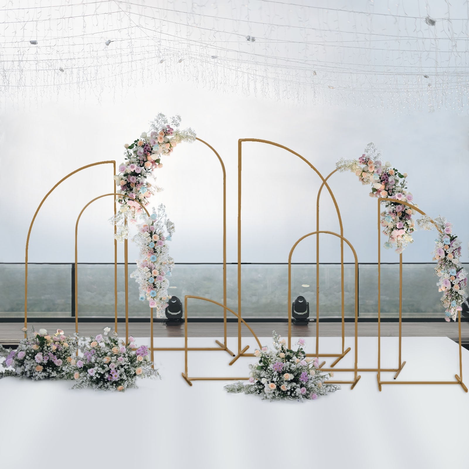 Set of 4 | Gold Metal Wedding Arch Chiara Backdrop Stand Floral Display Frame With Round Top