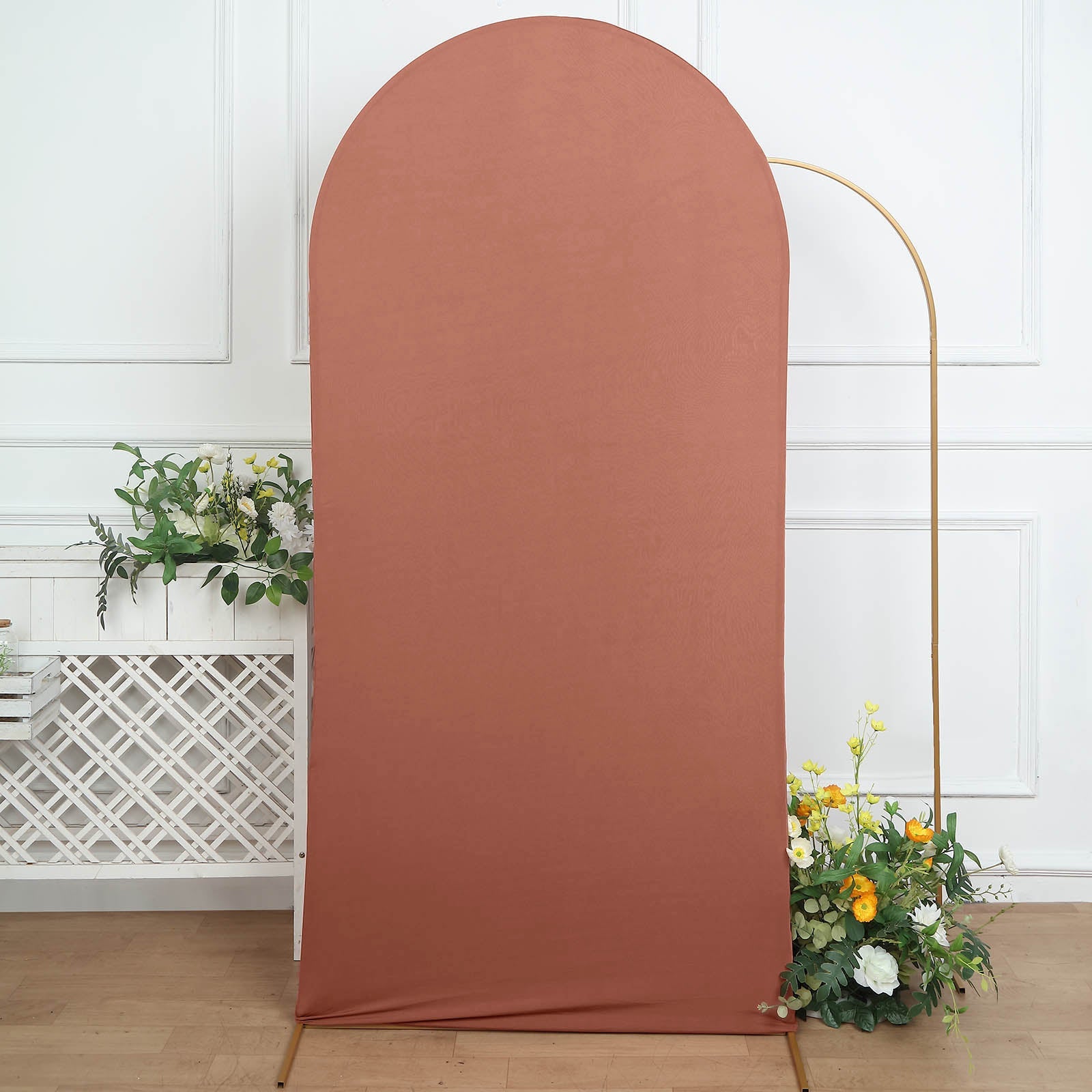 7ft Matte Terracotta Spandex Fitted Wedding Arch Cover For Round Top Chiara Backdrop Stand