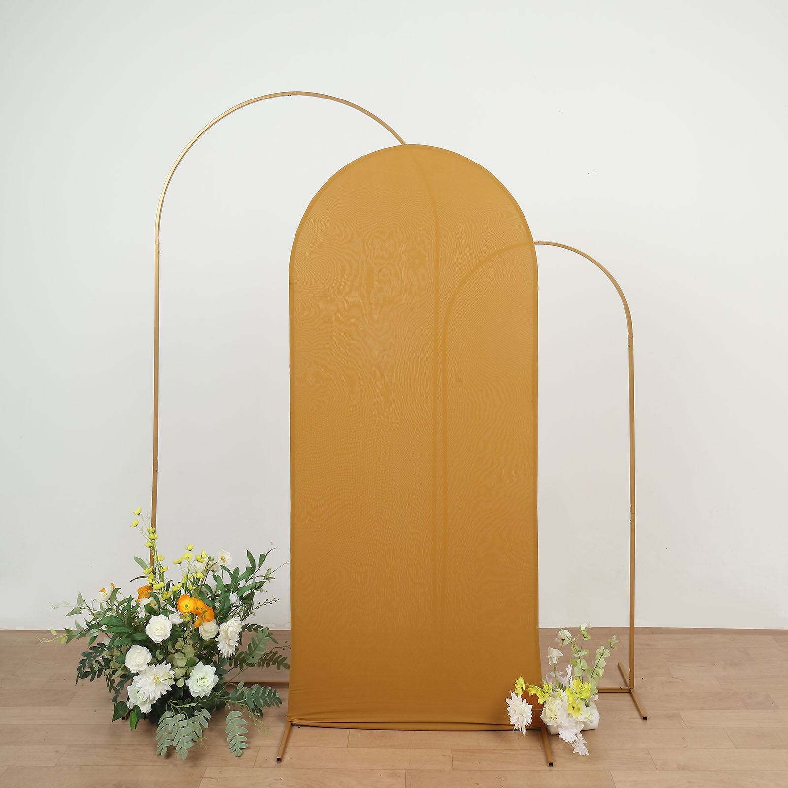 Matte Gold Spandex Arch Cover in 6 Feet For Round Top Chiara Backdrop Stand