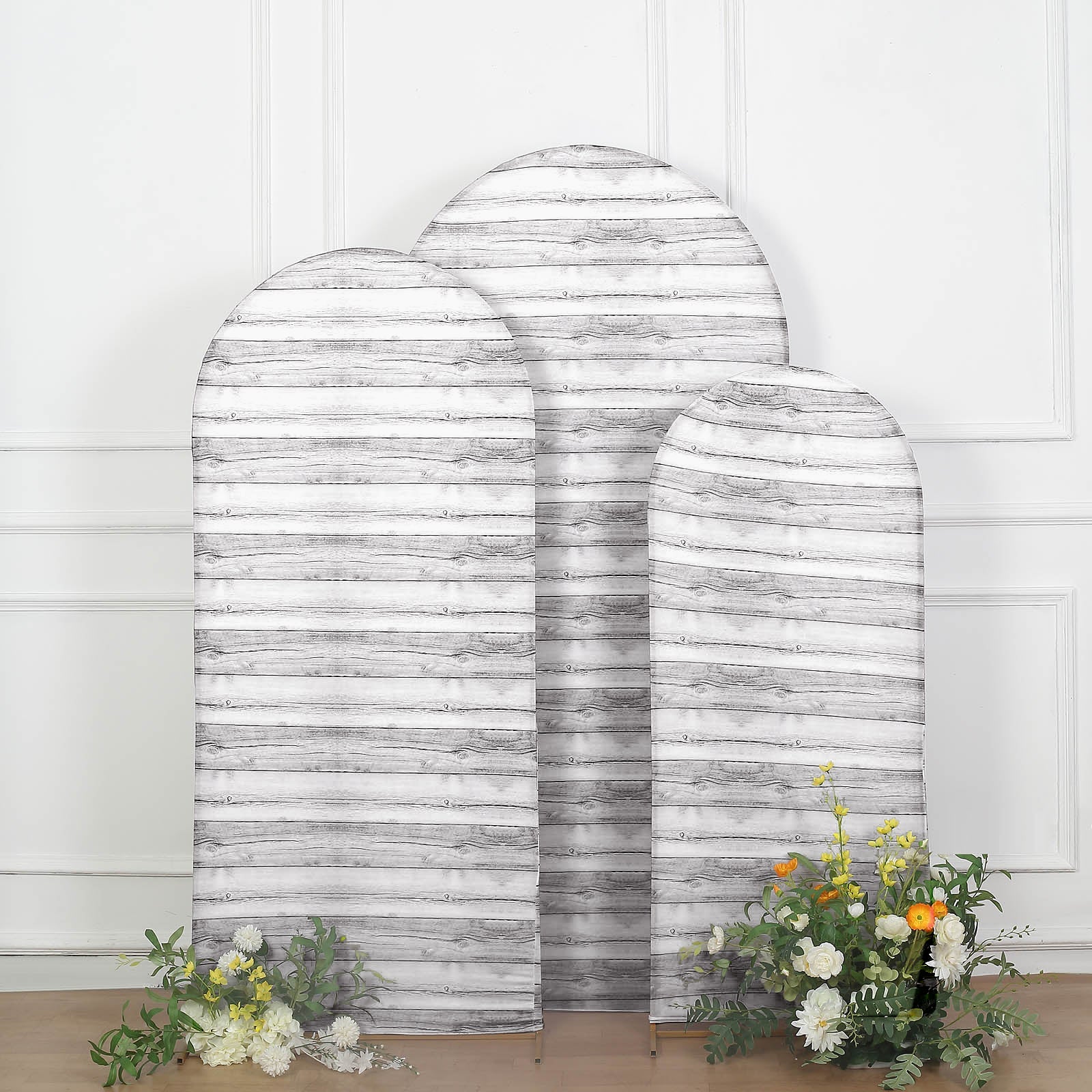 Set of 3 | White Rustic Wood Pattern Spandex Fitted Wedding Arch Covers For Chiara Backdrop Stands