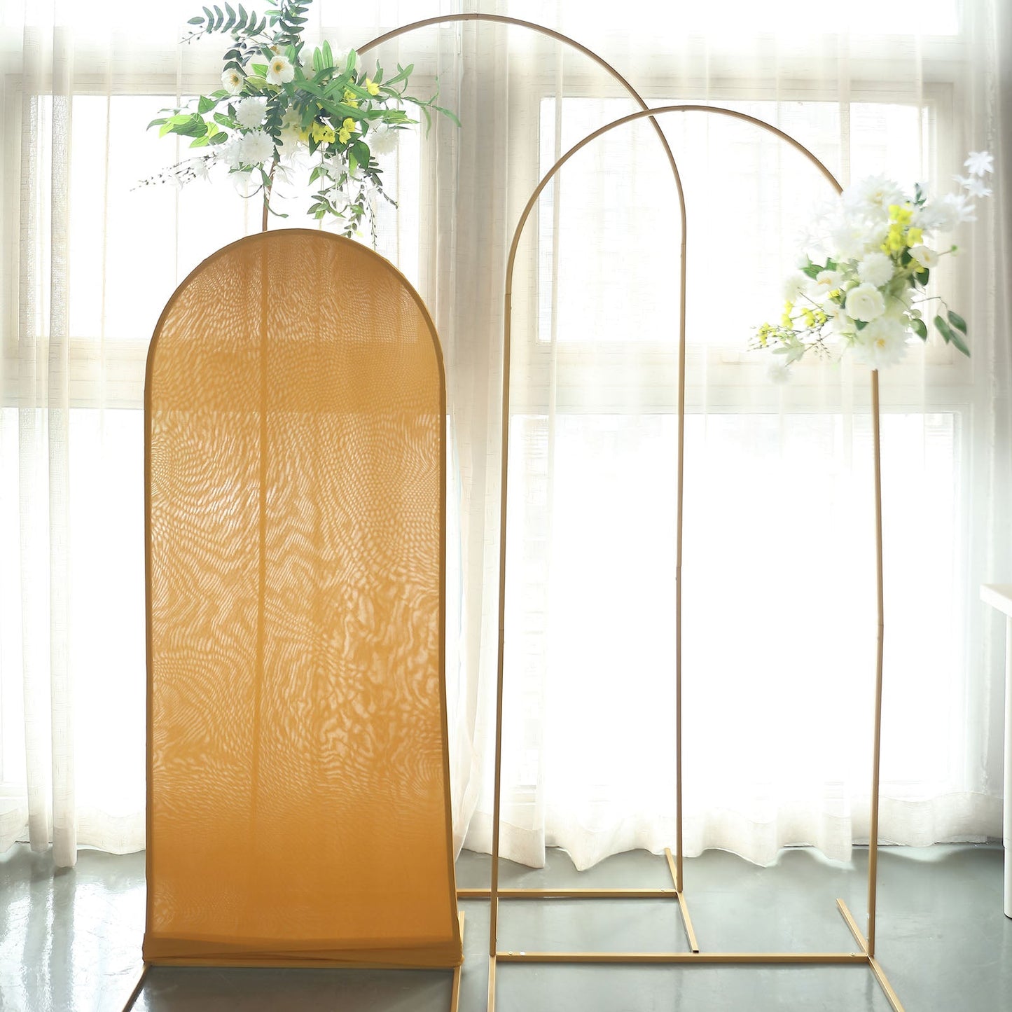 Matte Gold Spandex Arch Cover in 5 Feet For Round Top Chiara Backdrop Stand