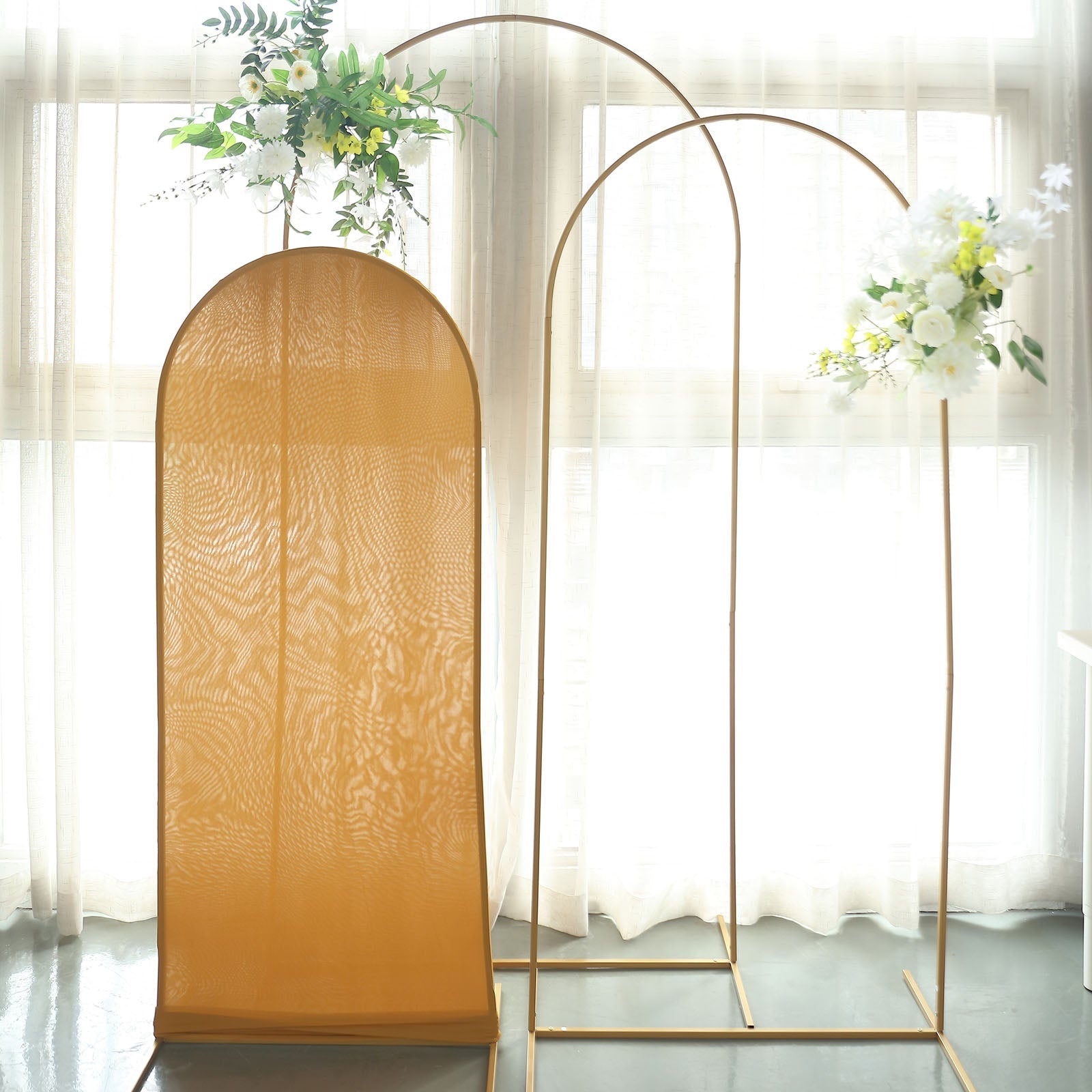 Matte Gold Spandex Arch Cover in 5 Feet For Round Top Chiara Backdrop Stand