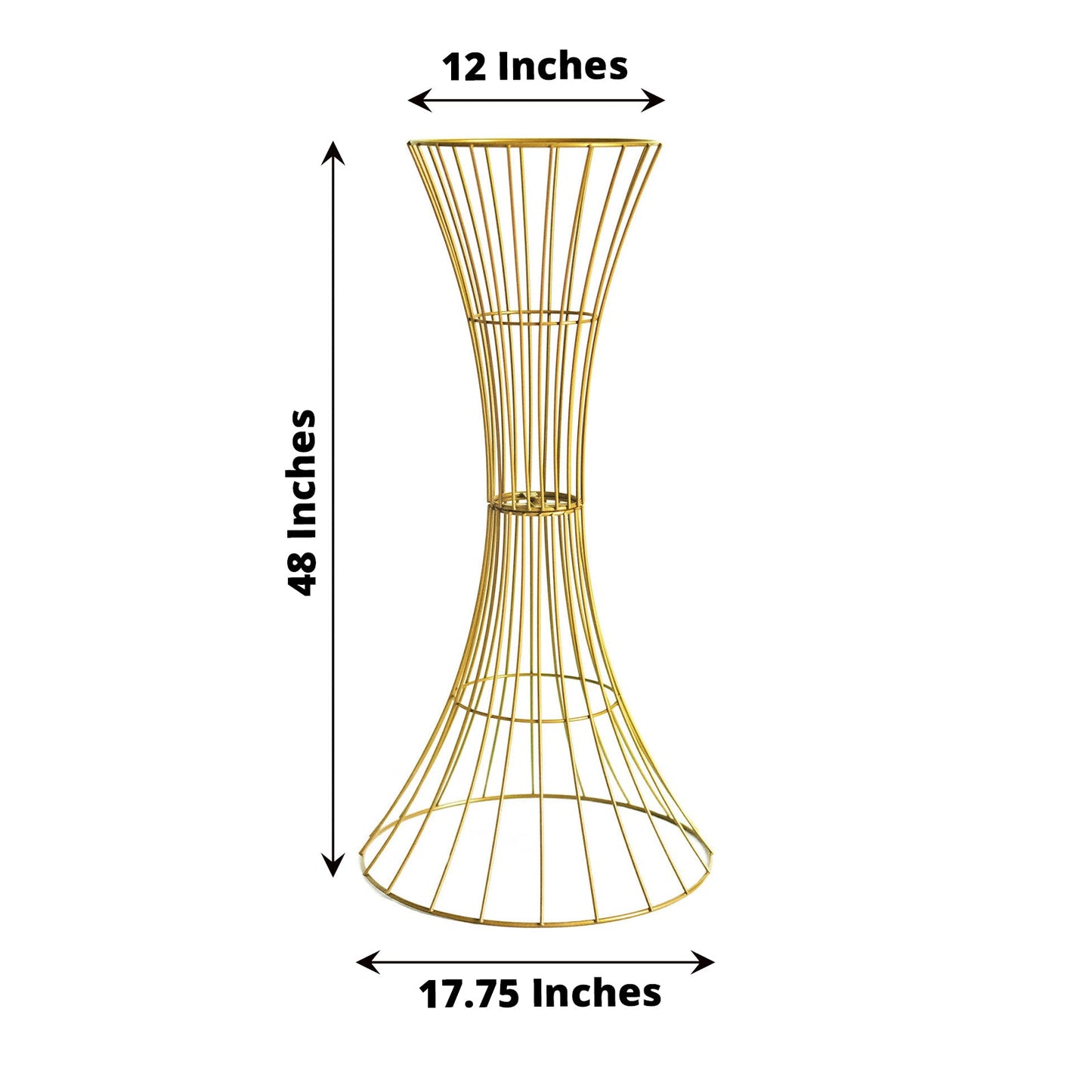 Gold metal trumpet-shaped flower centerpiece stand, 48 inches tall.