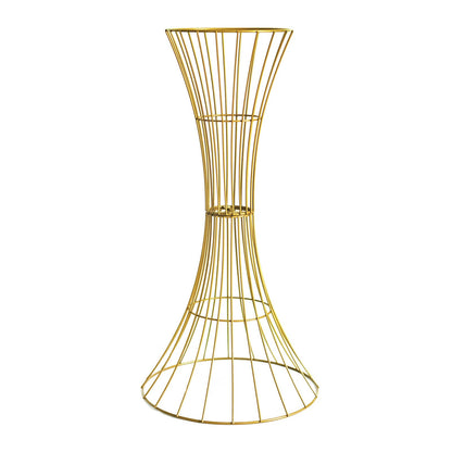 Gold metal wire trumpet-shaped flower centerpiece stand.