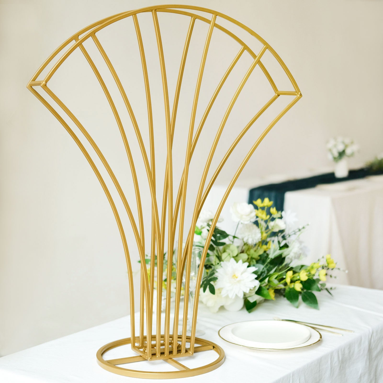 Gold metal scalloped fan shape flower frame table centerpiece.