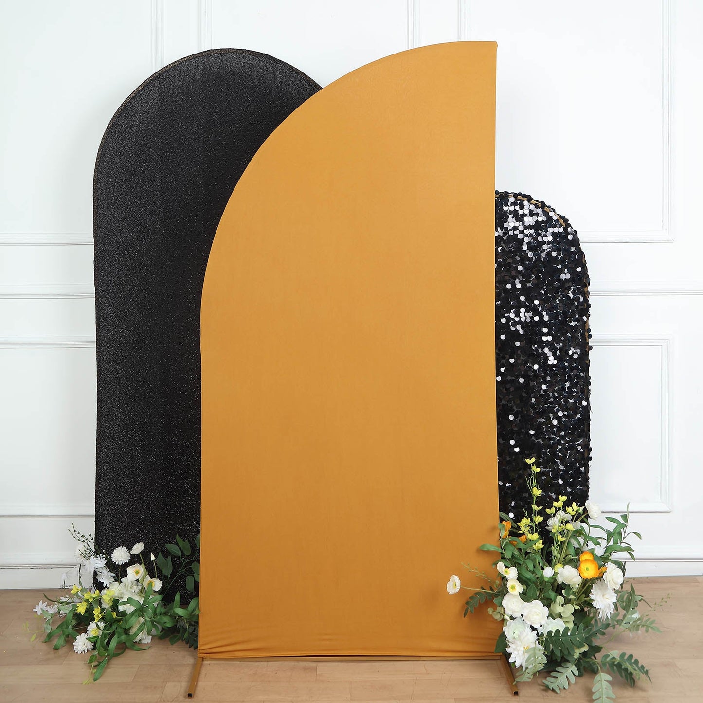 7ftx3ft Matte Gold Fitted Spandex Half Moon Wedding Arch Cover, Custom Fit Chiara Backdrop Stand Cover