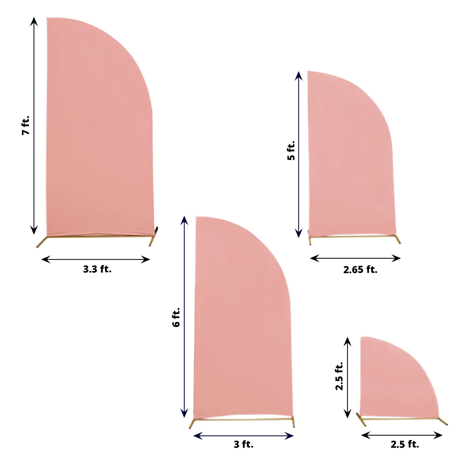 Matte dusty rose spandex half moon backdrop stand covers in various sizes.