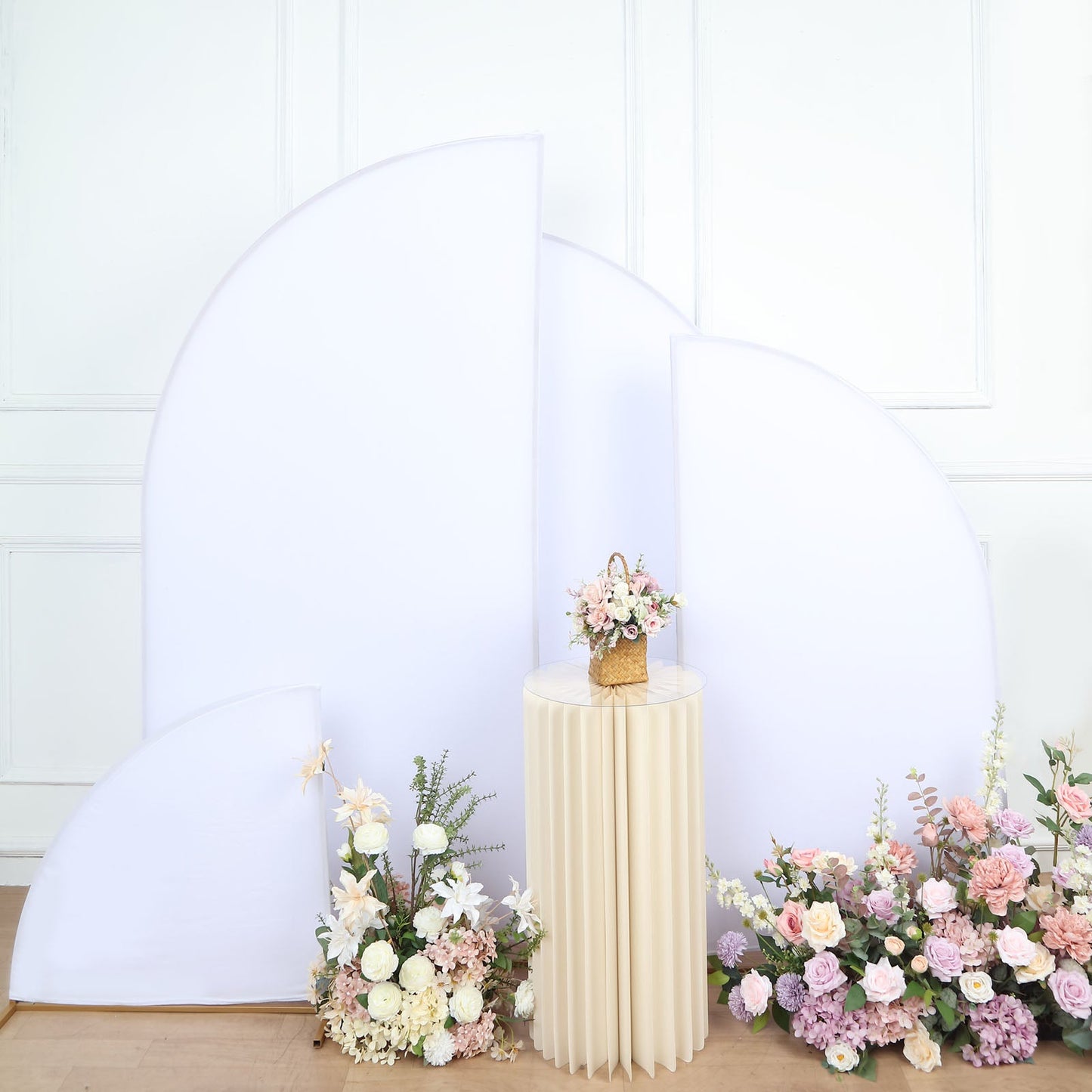 Set of 4 | Matte White Fitted Spandex Half Moon Wedding Arch Covers, Custom Fit Chiara