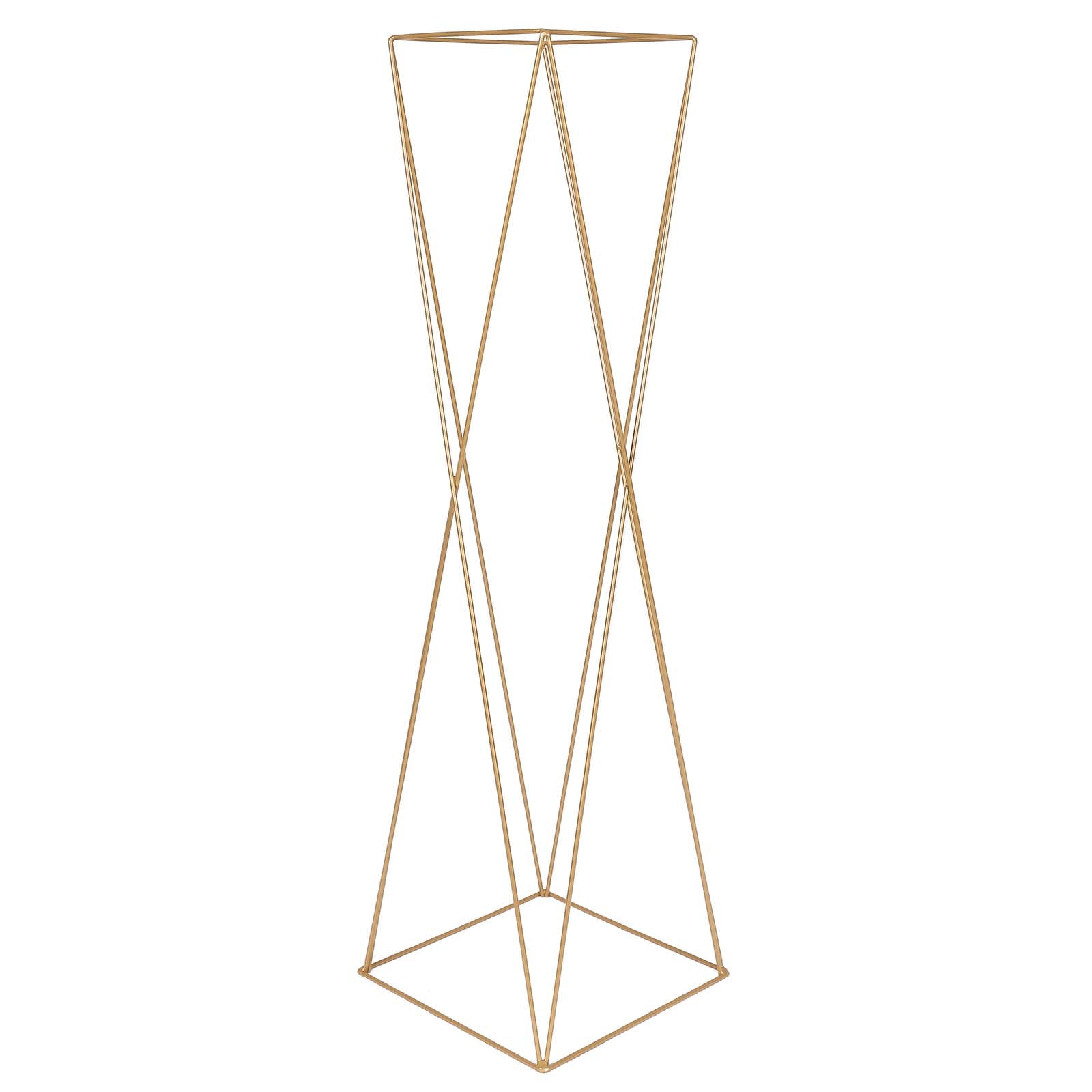 Gold geometric crisscross metal frame pedestal flower stand.