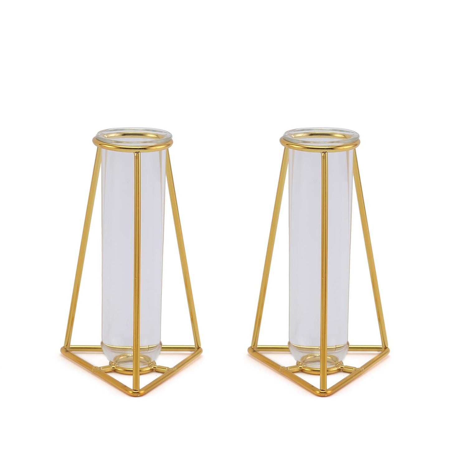 Pack of 2 Triangle 6 Inch Metal Frame Gold Geometric Test Tube Bud Vases