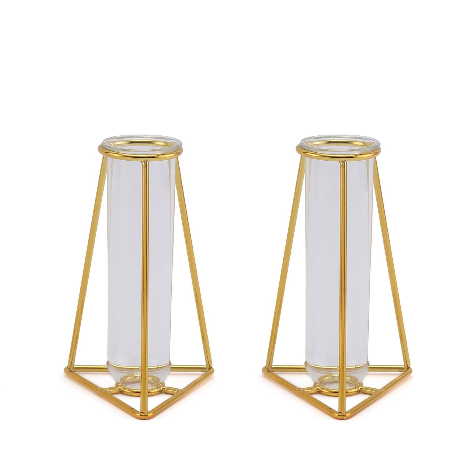 Pack of 2 Triangle 6 Inch Metal Frame Gold Geometric Test Tube Bud Vases