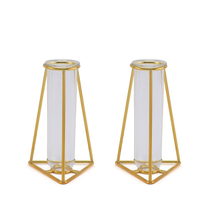 Pack of 2 Triangle 6 Inch Metal Frame Gold Geometric Test Tube Bud Vases