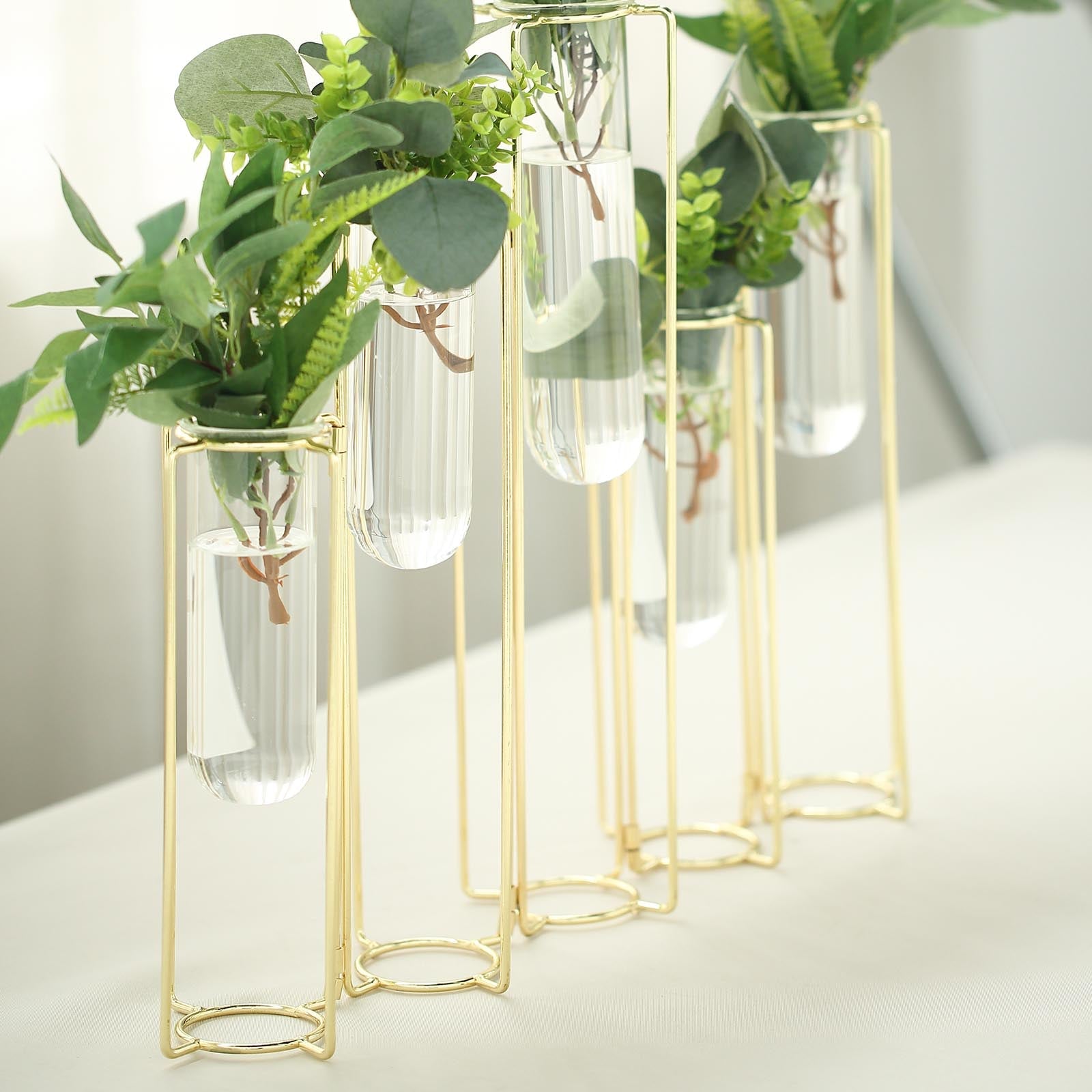 Set of 5 | 12inch Conjoined Gold Frame Test Tube Hydroponic Vases, Geometric Wedding Centerpieces