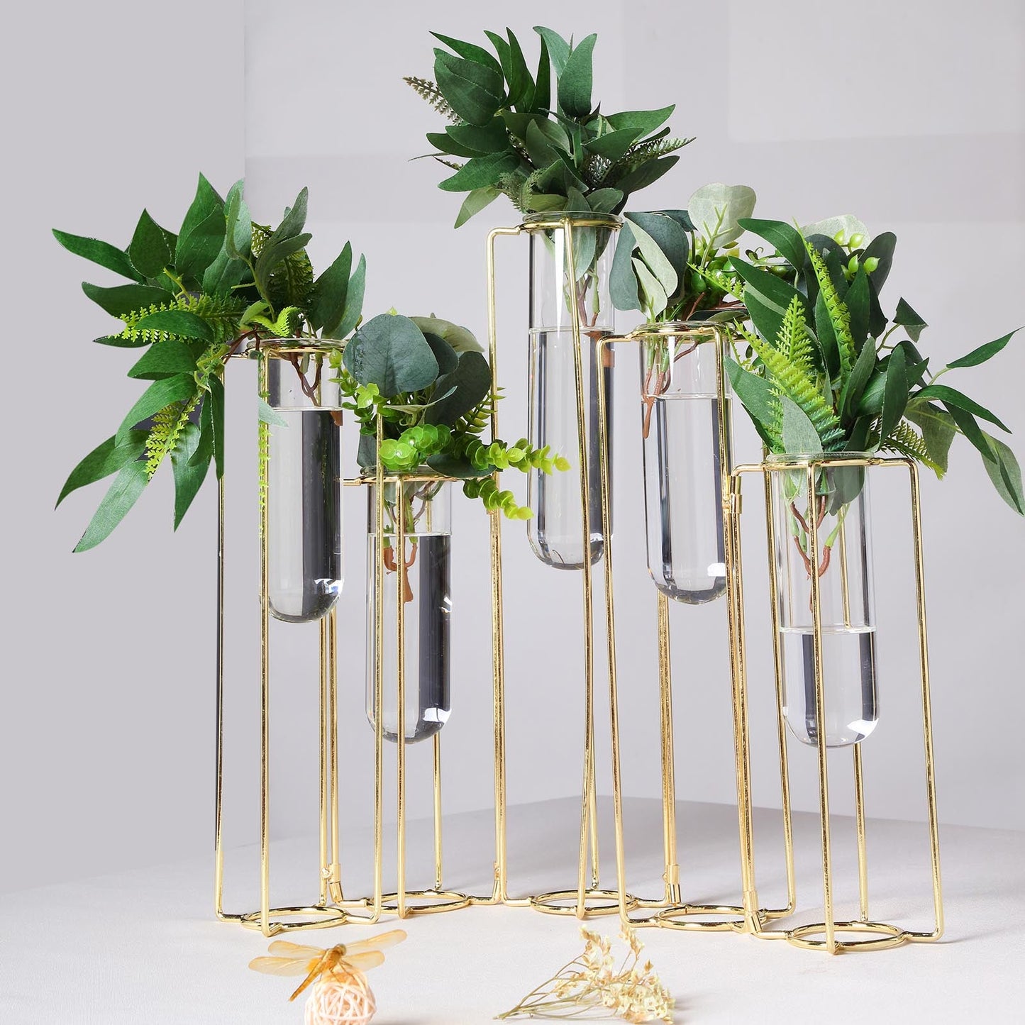 Set of 5 Geometric Gold Frame Test Tube Hydroponic Vases, Conjoined Wedding Centerpieces - 12"