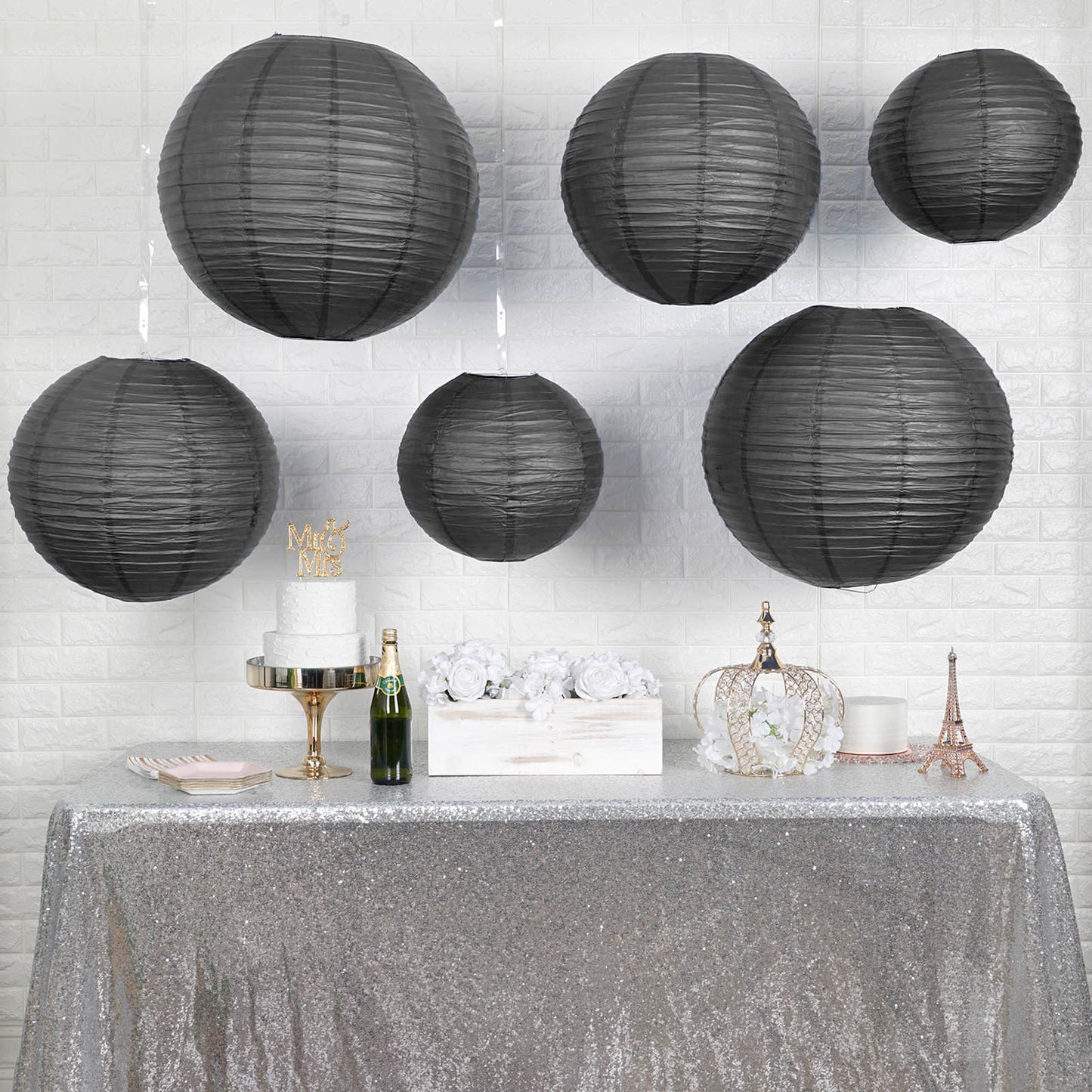 Black hanging paper lanterns in assorted sizes, 16", 20", 24".