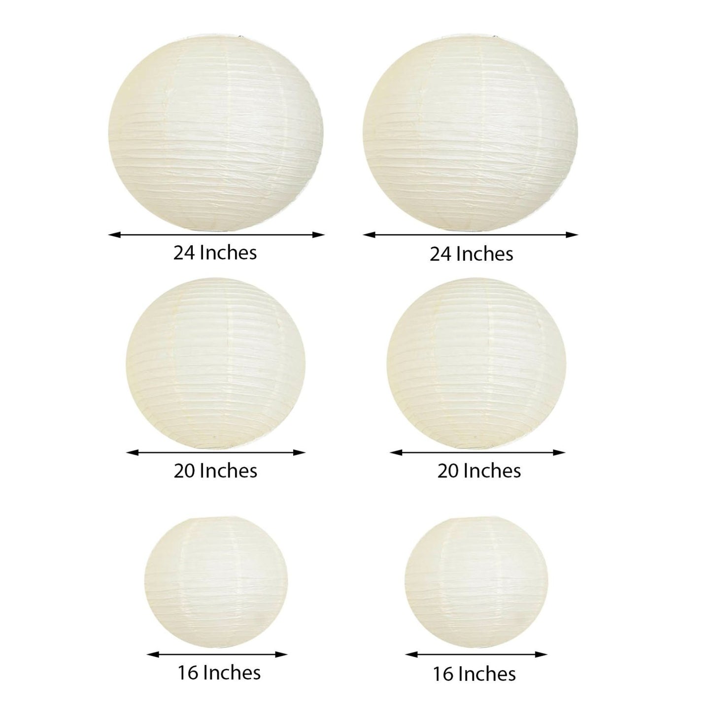 Cream hanging paper lanterns in assorted sizes - 16", 20", 24".