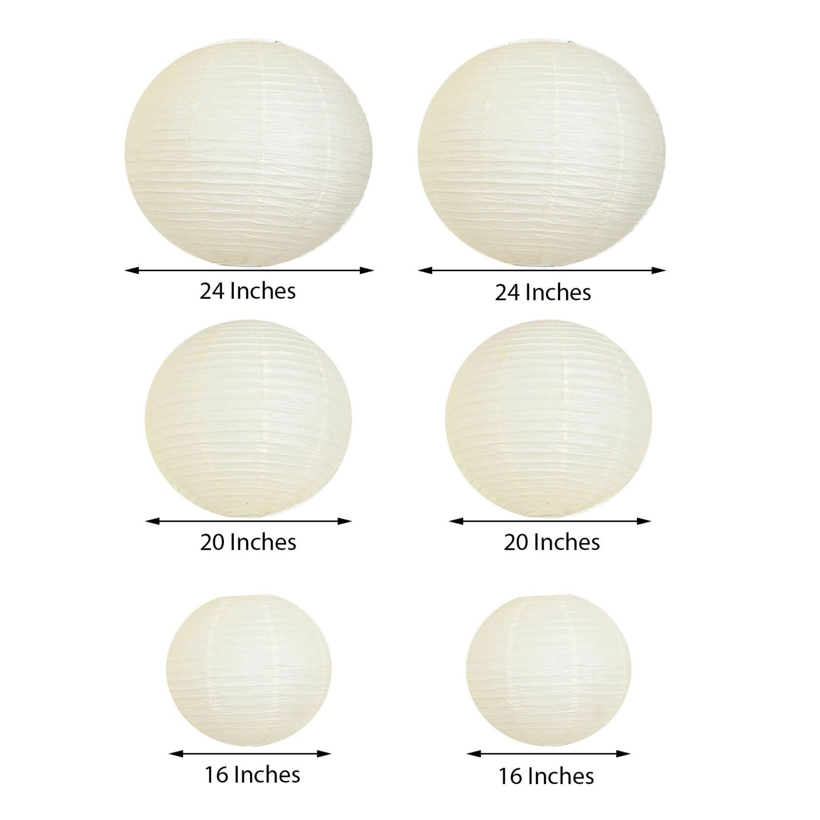 Cream hanging paper lanterns in assorted sizes - 16", 20", 24".