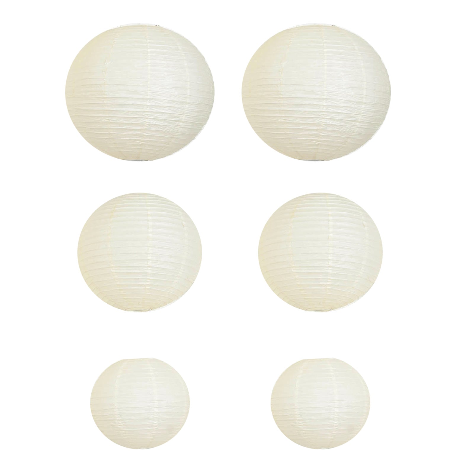 Cream hanging paper lanterns set of 6 in assorted sizes.