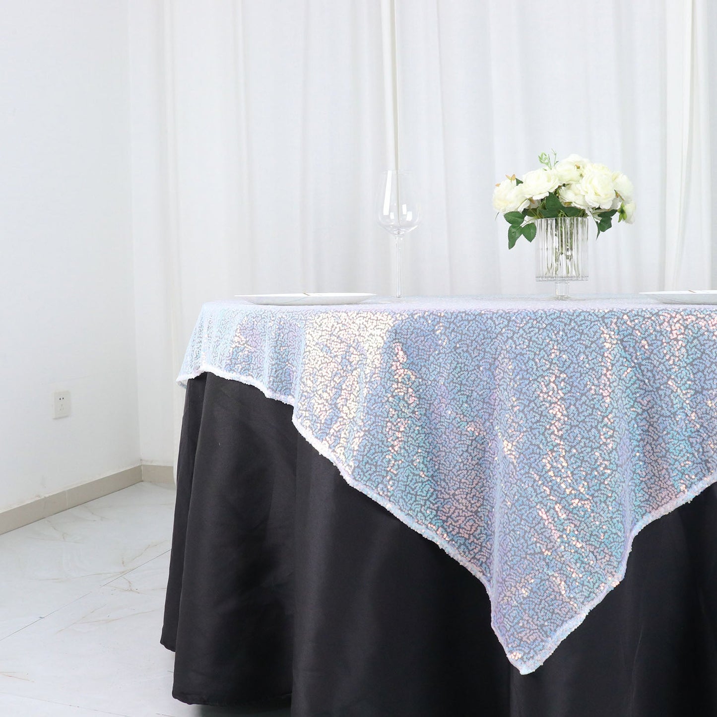 Iridescent Blue Duchess Sequin 60 Inch x 60 Inch Square Table Overlay
