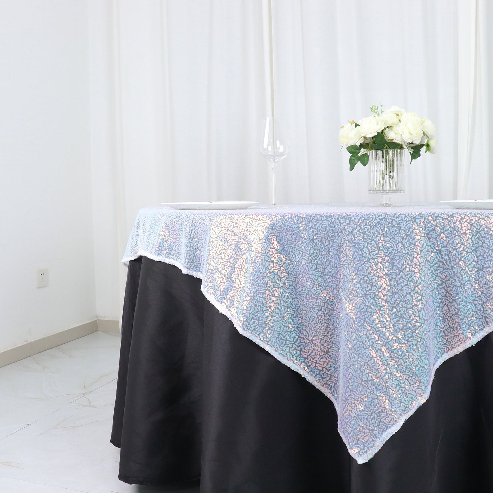 Iridescent Blue Duchess Sequin 60 Inch x 60 Inch Square Table Overlay