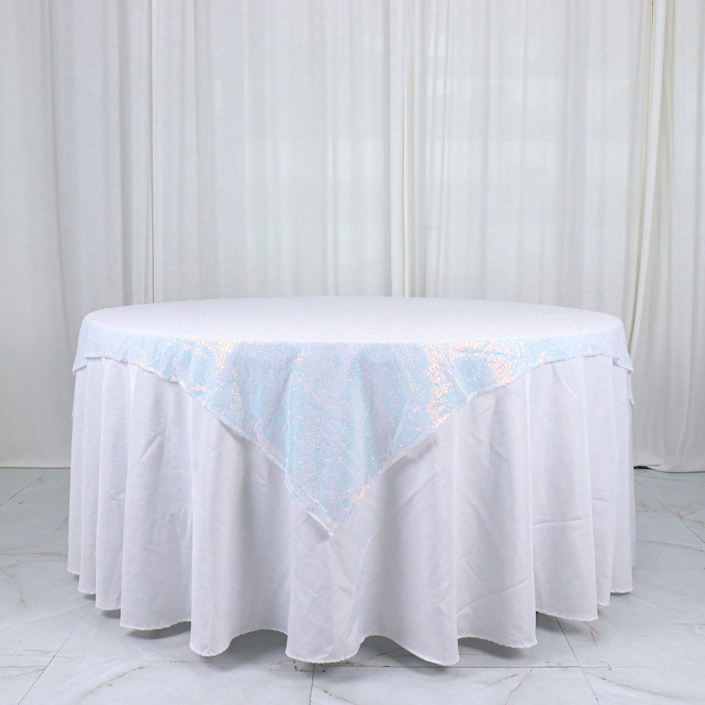60"x60" Iridescent Blue Duchess Sequin Square Table Overlay, Table Linen Decor