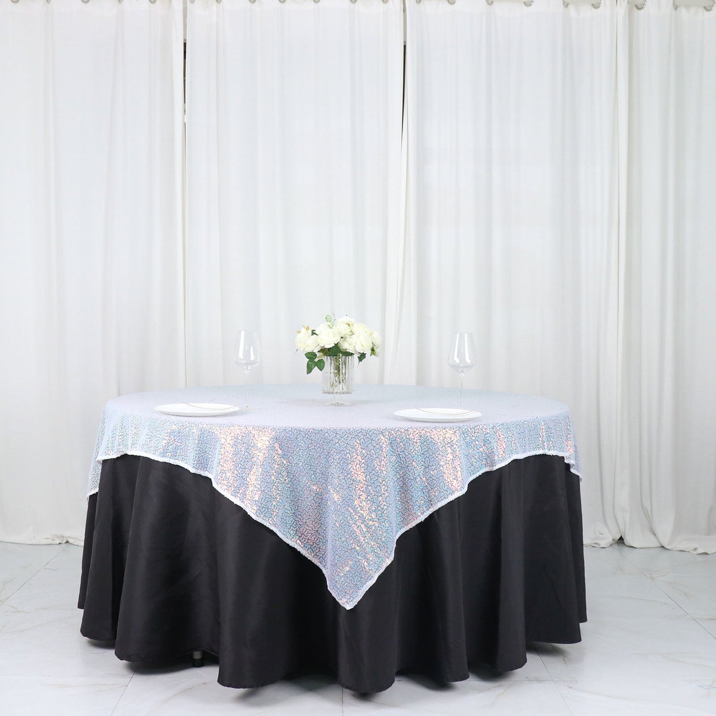 60 Inch x 60 Inch Sequin Square Table Overlay Iridescent Blue Duchess