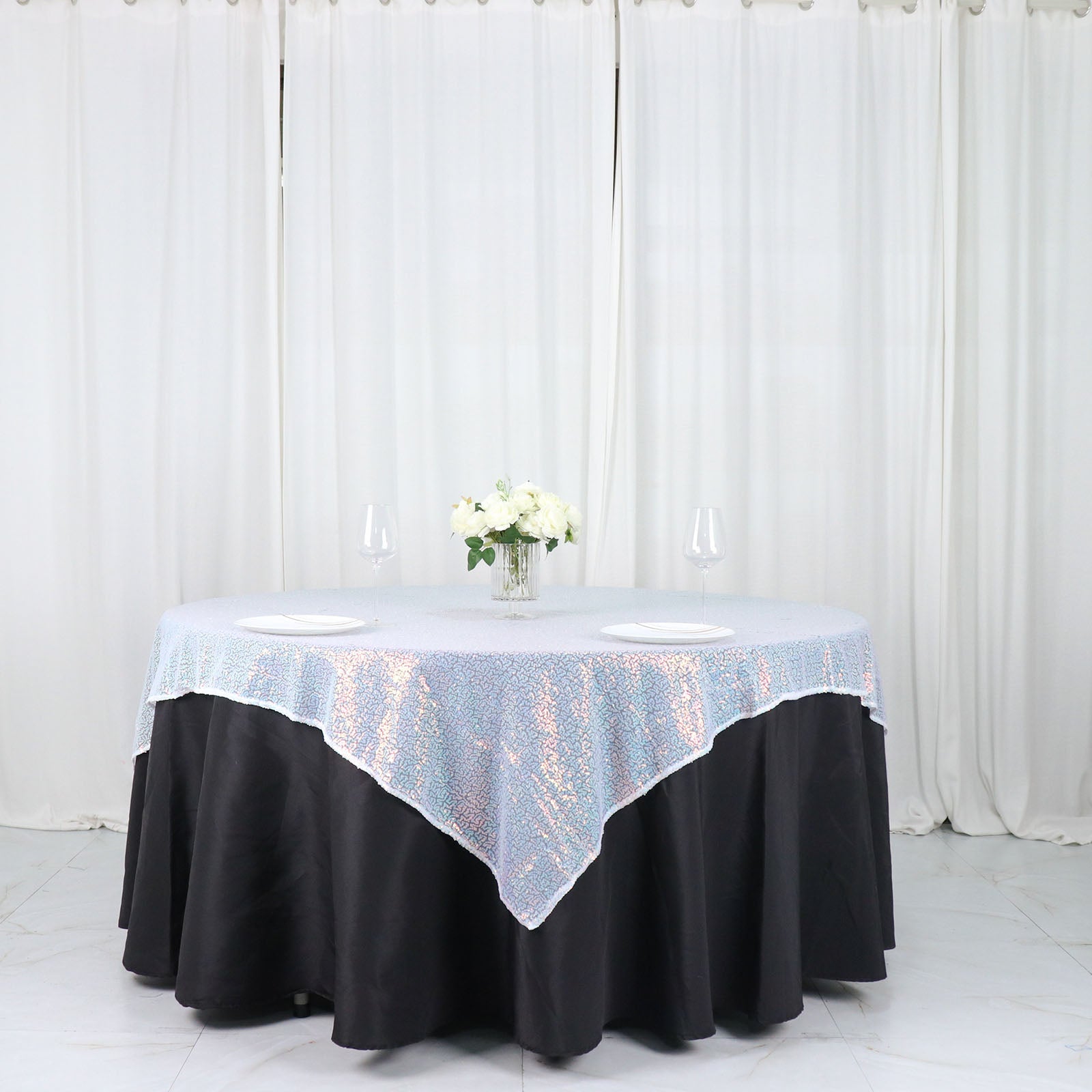 60 Inch x 60 Inch Sequin Square Table Overlay Iridescent Blue Duchess