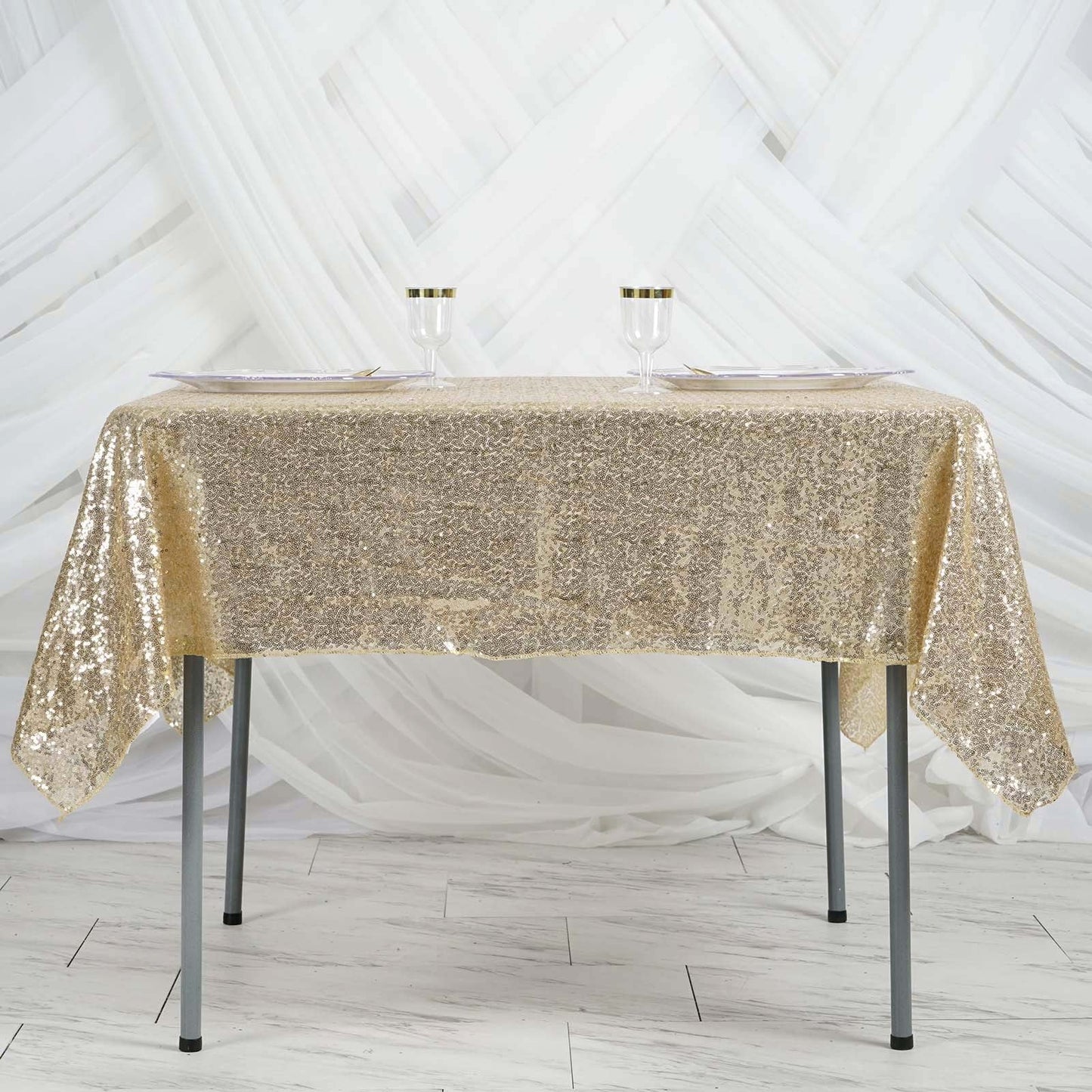 60 Inch x 60 Inch Champagne Sequin Square Table Overlay