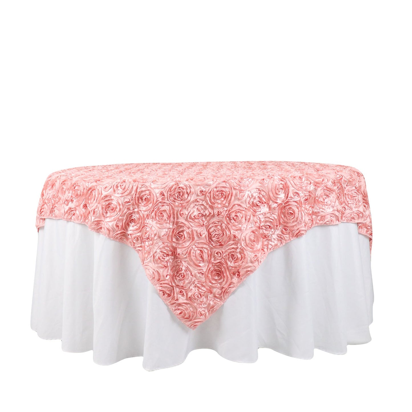 Dusty rose 3D rosette satin table overlay on a round table.